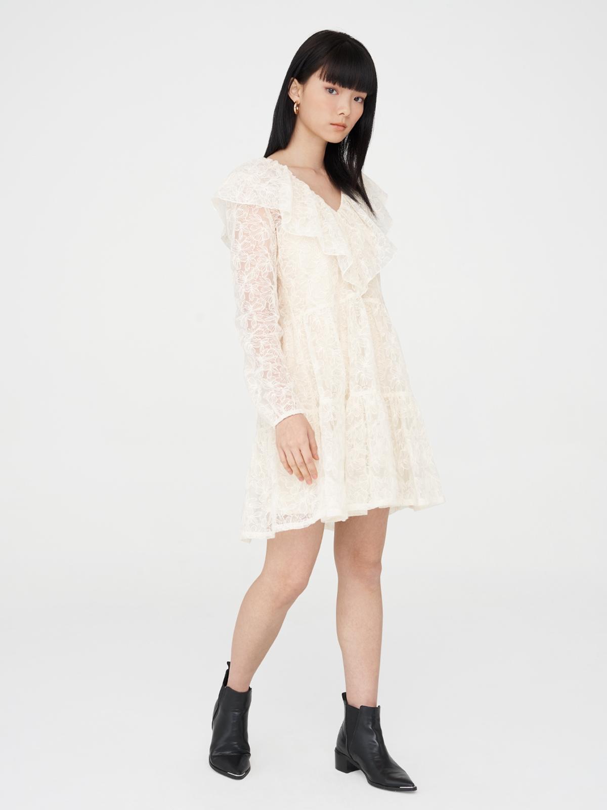 Mini Lace Foldover Collar Dress - Cream