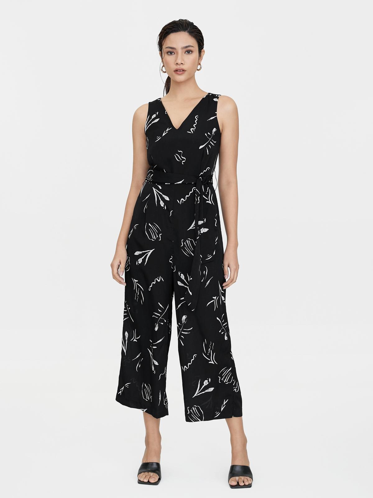 Abstract Scribble Print Jumpsuit - Black