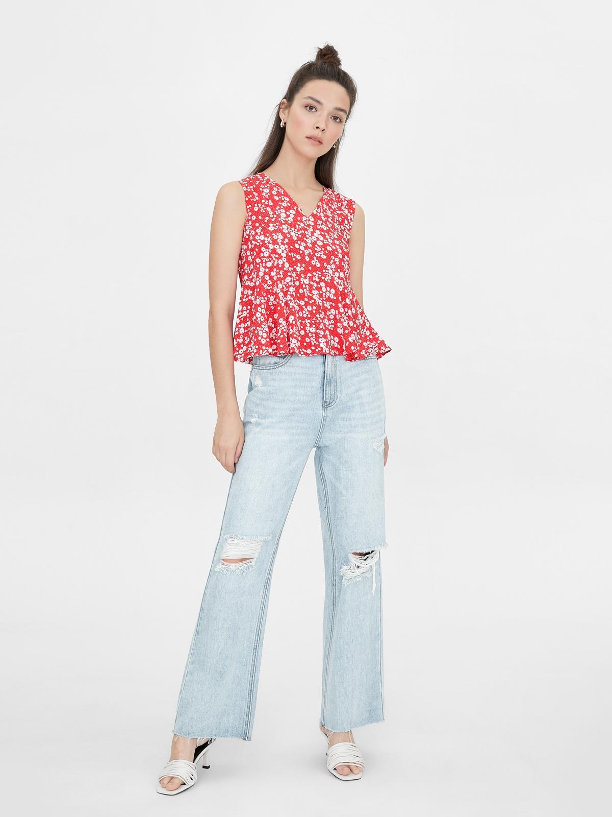 Floral Ruffle Sleeveless Top - Red