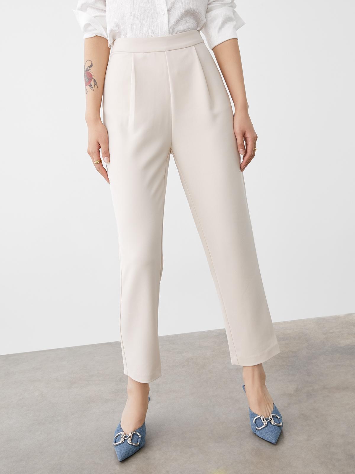 High Waisted Straight Cut Pants - Cream