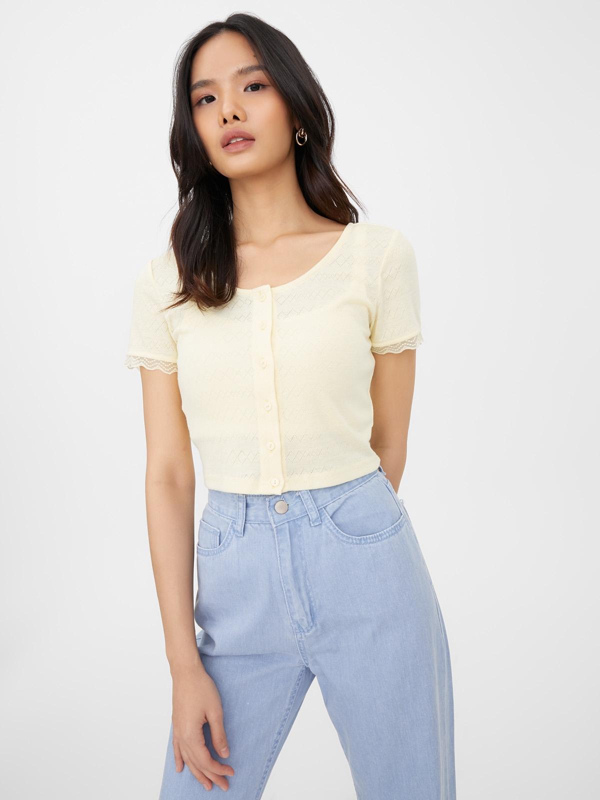 Lace Hem Cropped Cardigan - Yellow