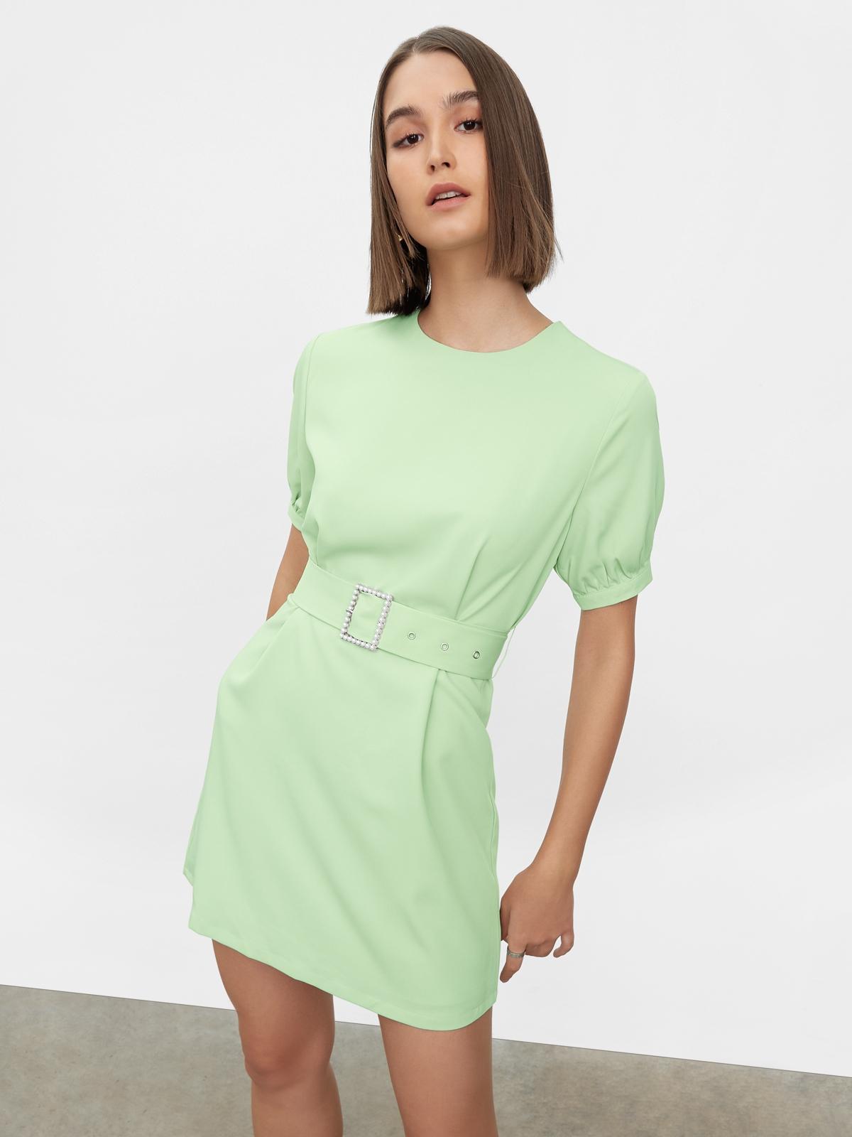 Pearl Belt Puff Sleeve Dress - Mint