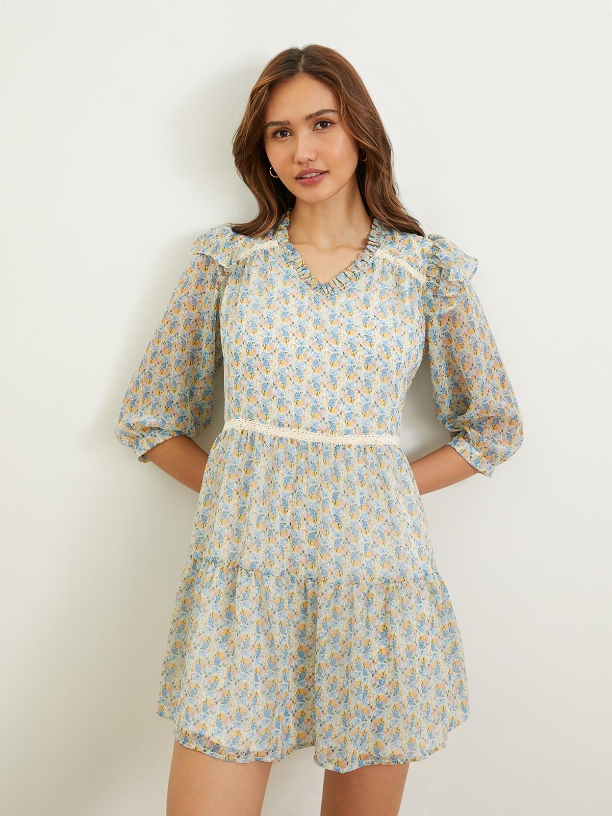 Floral Ruffle Mini Dress - Blue
