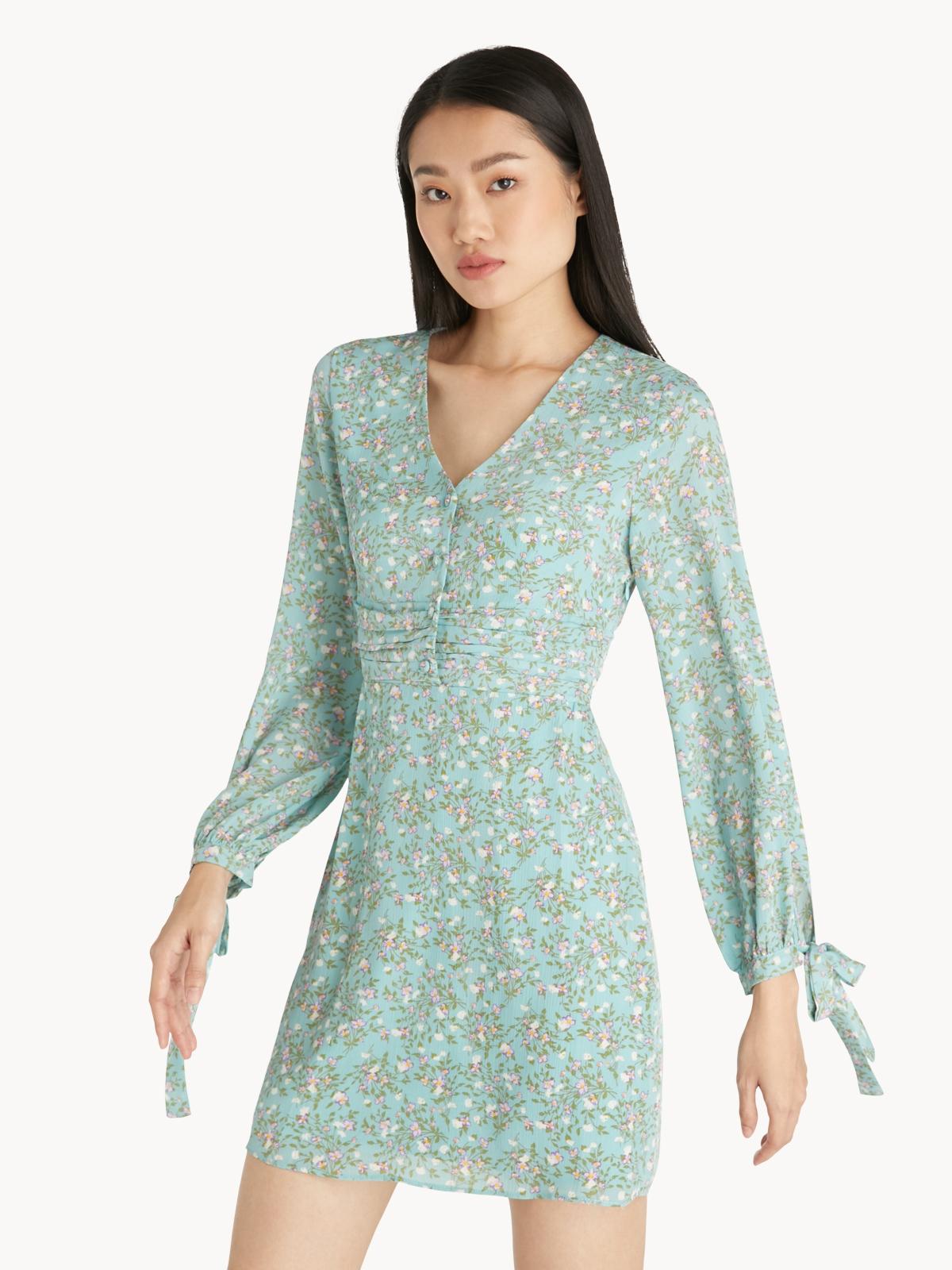 Mini Floral Long Sleeves Dress - Blue