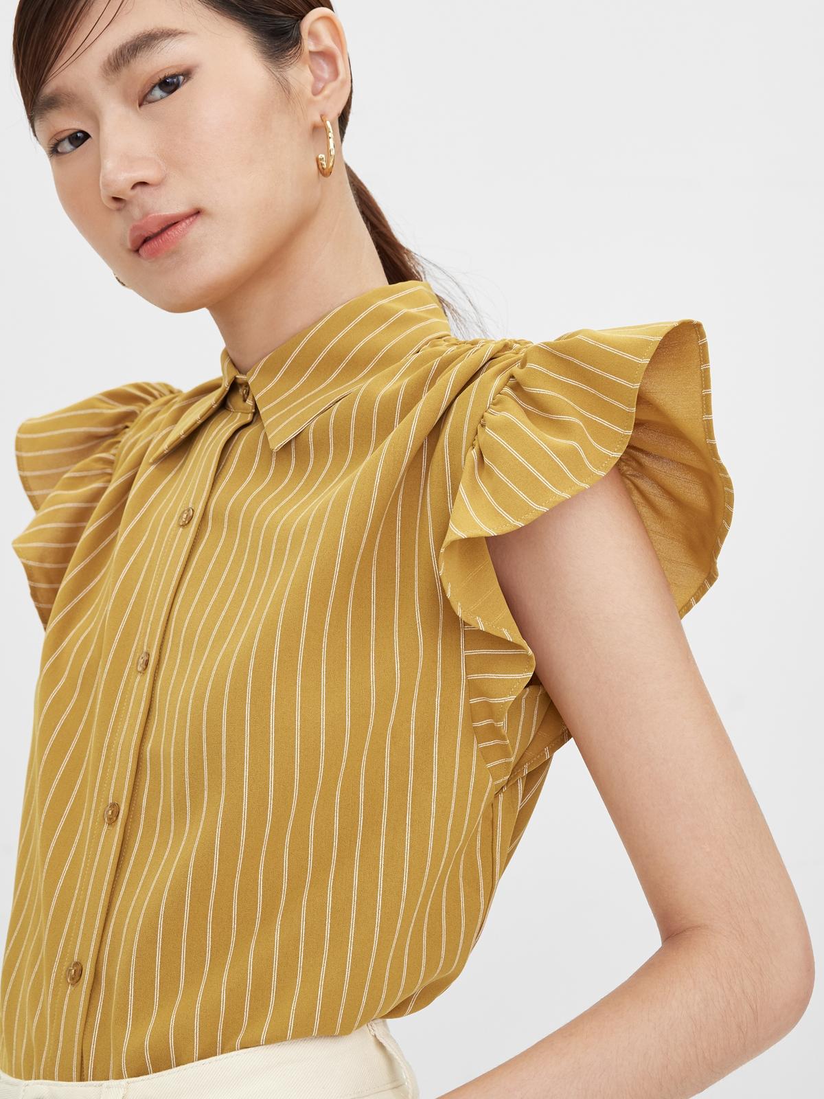 Ruffled Sleeves Striped Shirt - Mustard