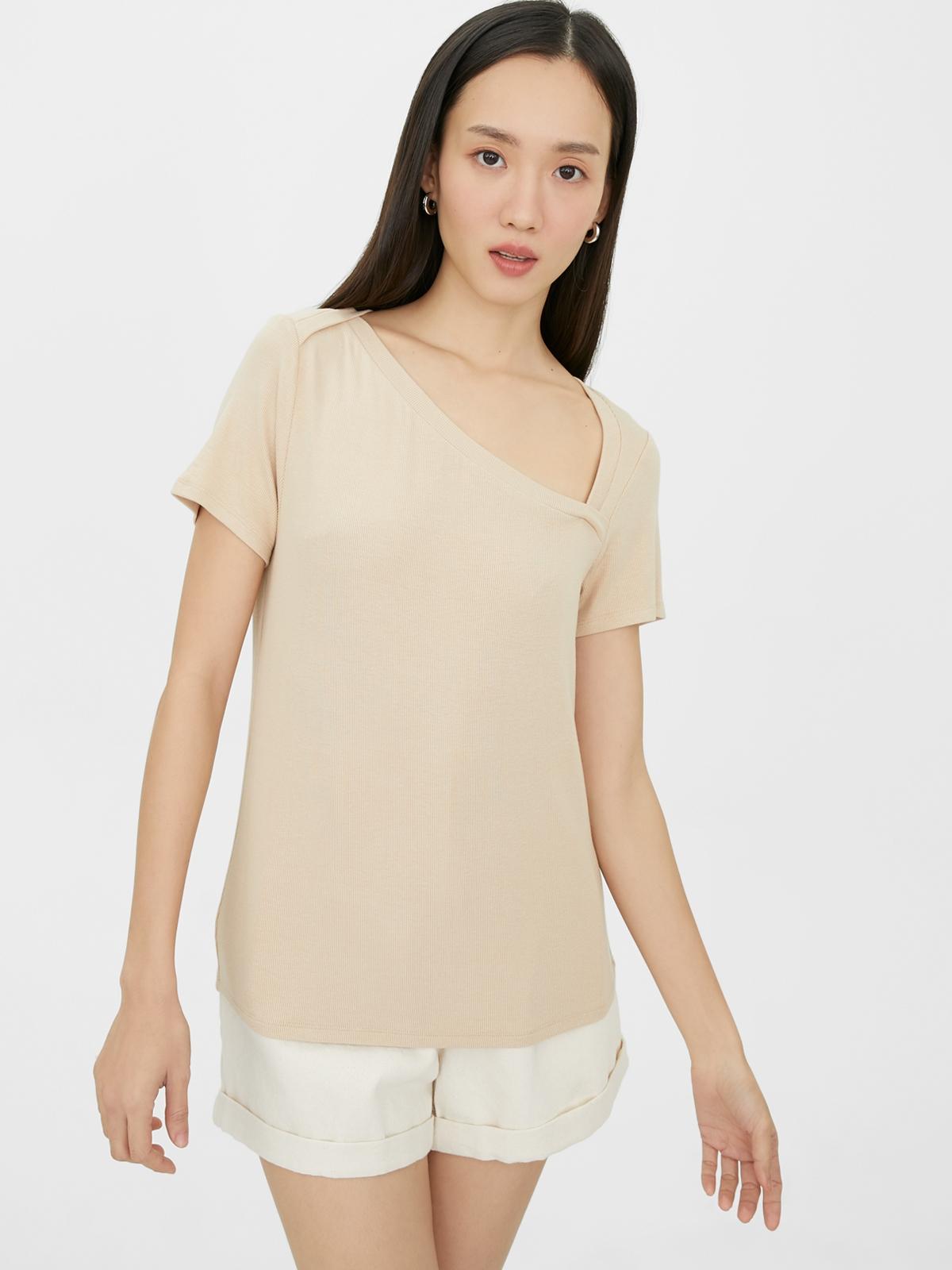Asymmetric Neck Tee - Beige