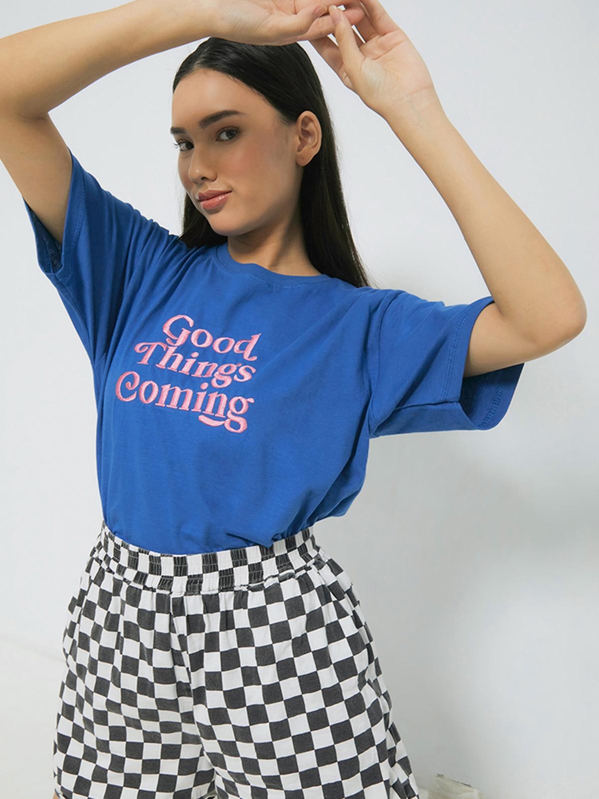 Good Things Coming Embroidery Tee - Blue