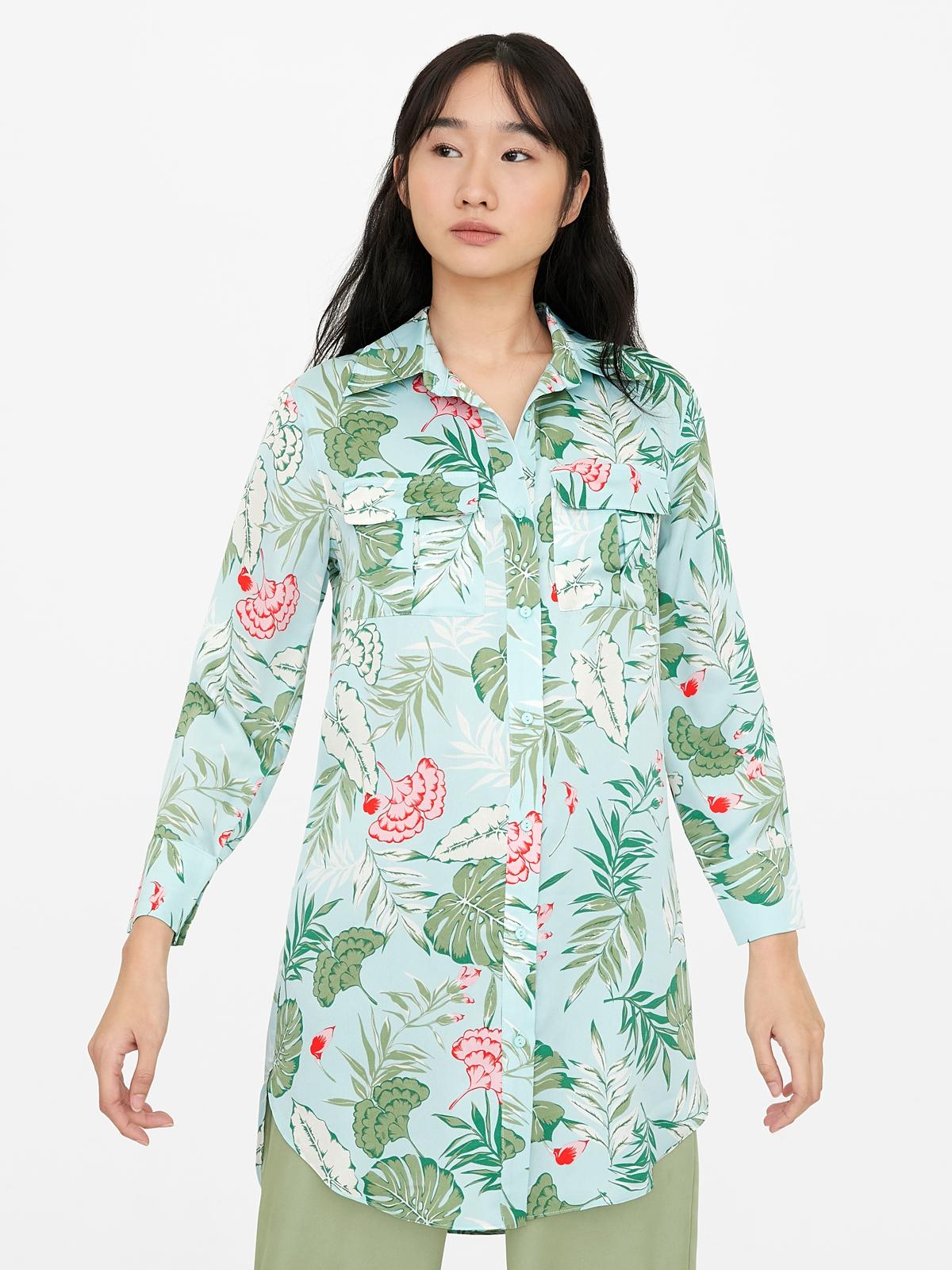 Long Sleeve Floral Shirt Dress - Blue
