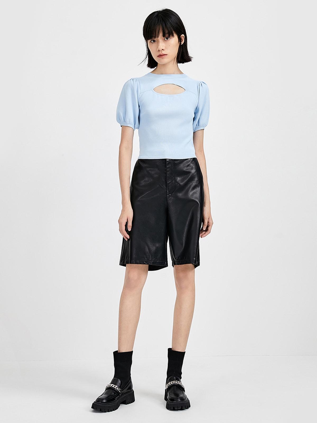 Puff Sleeve Cut Out Top - Light Blue