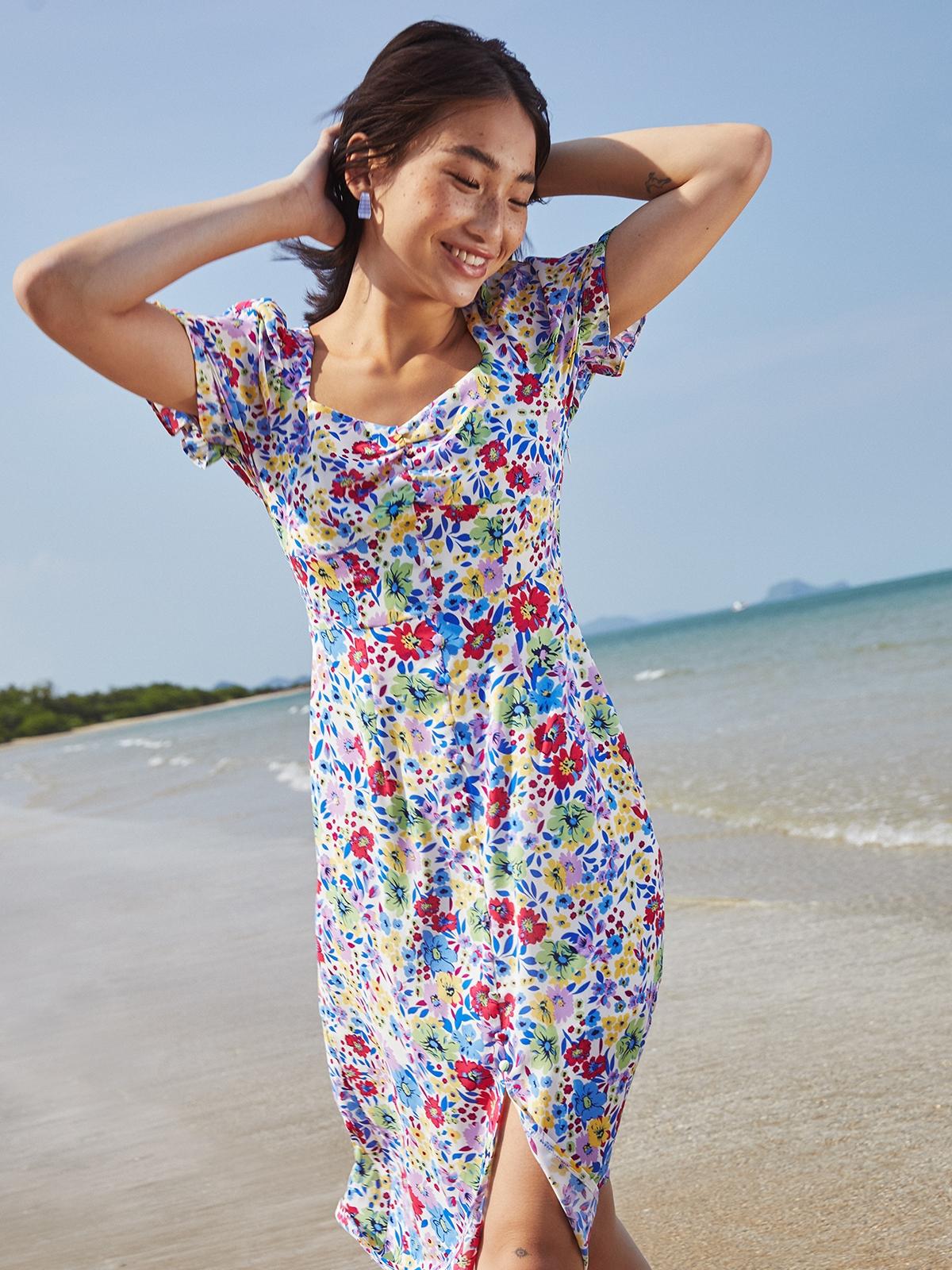 Floral Printed Puff Sleeve Dress - Blue