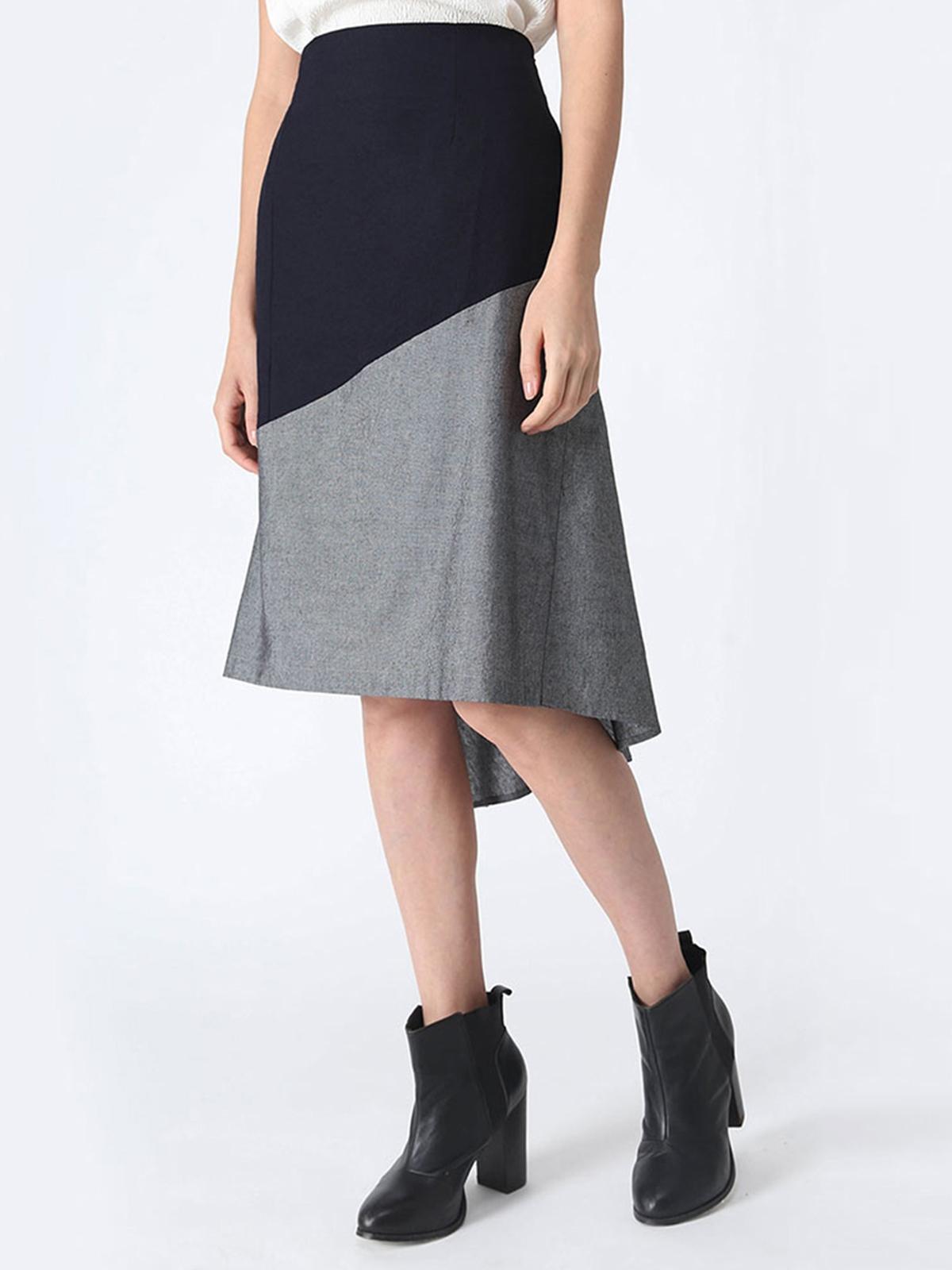 Ravello Back Draped Button Detail Skirt - Grey/Navy