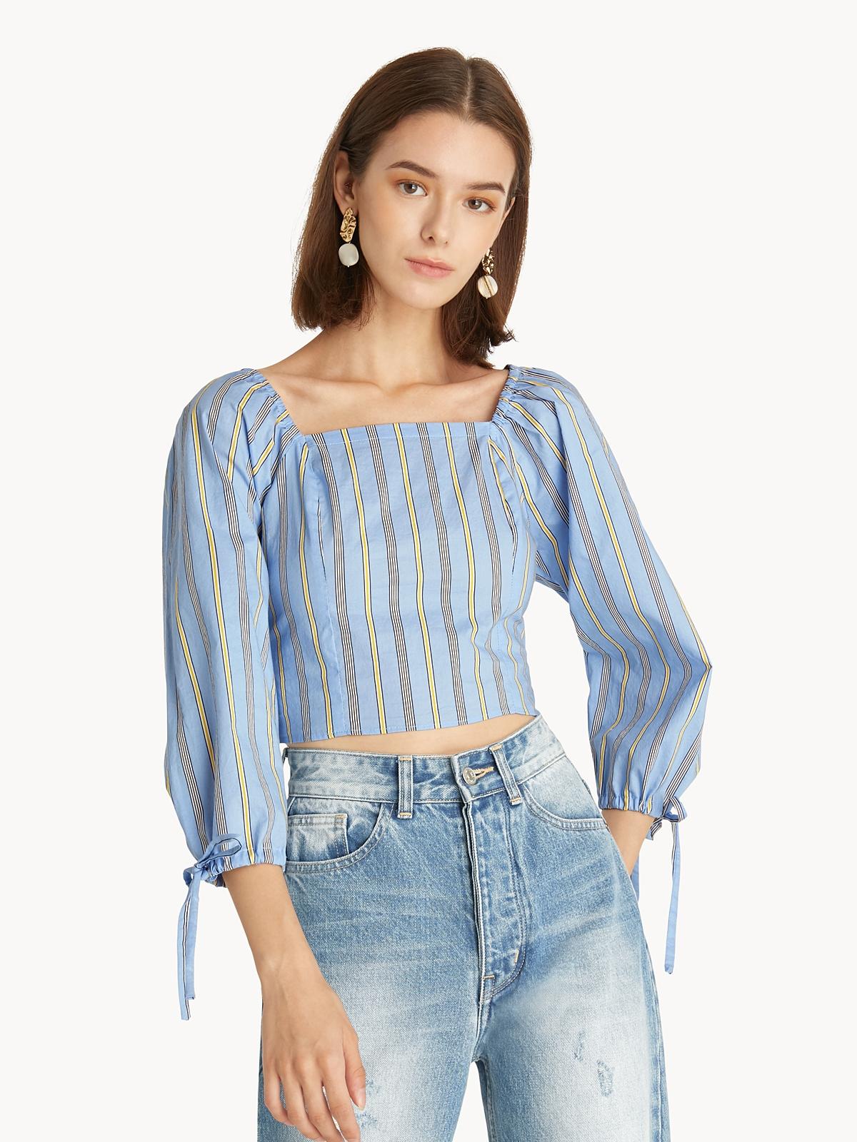Puff Sleeve Smocked Back Blouse - Blue