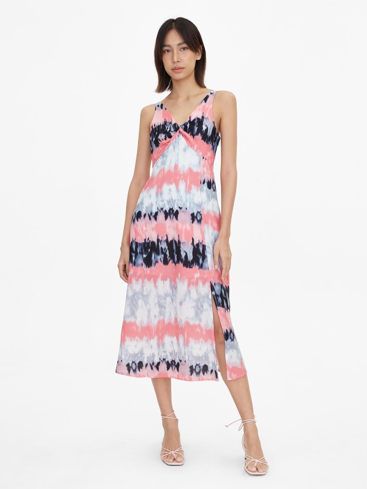 Tie Dye V Neck Flare Dress - Pink