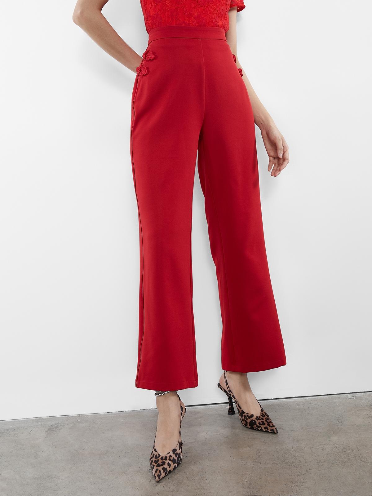 High-Waisted Cheongsam Buttoned Pants - Red