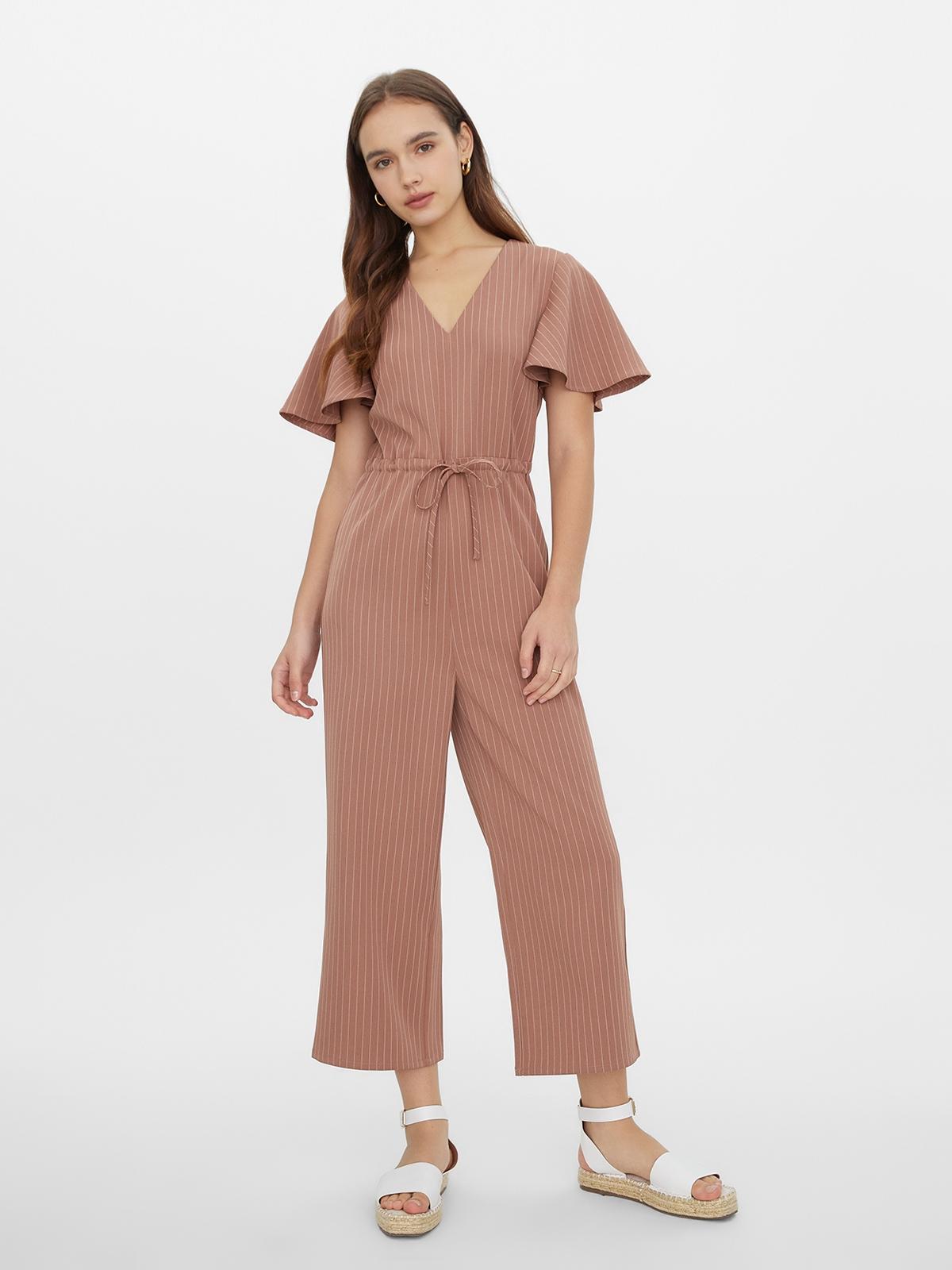 Butterfly Sleeve V-Neck Jumpsuit - Brown