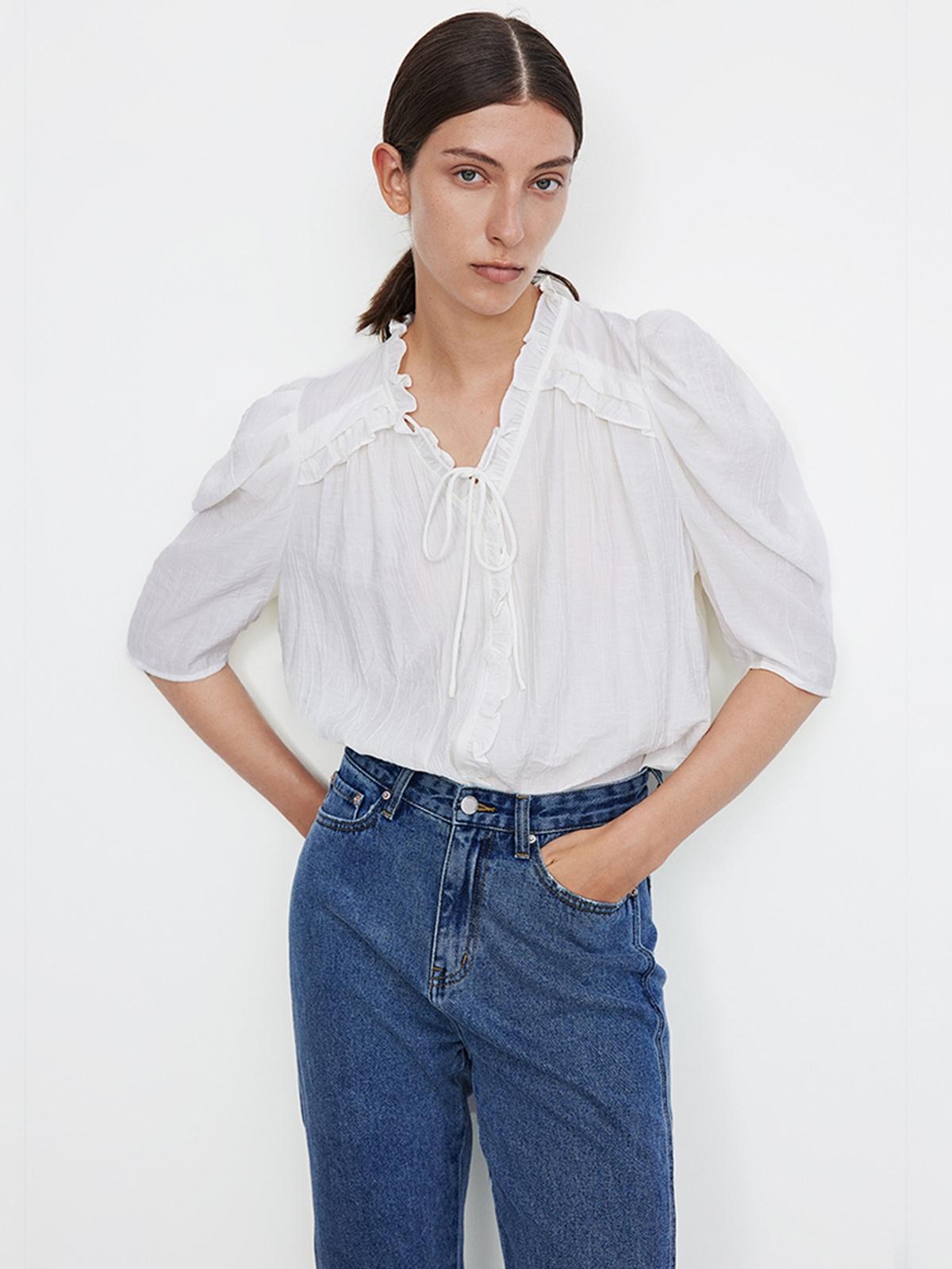 Ruffled Front Bow Tie Short Sleeve Top - White