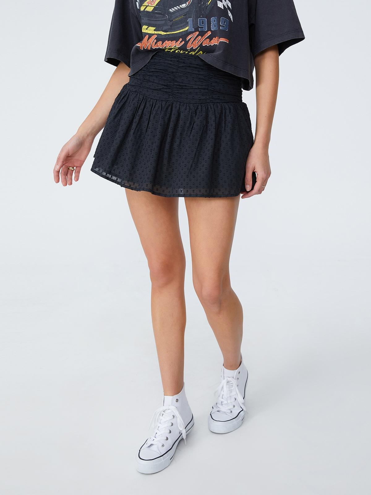 Woven Shirred Tiered Mini Skirt - Black