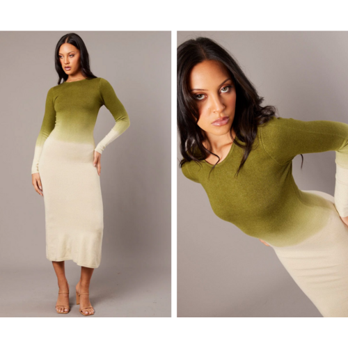 Green Print Knit Dress Long