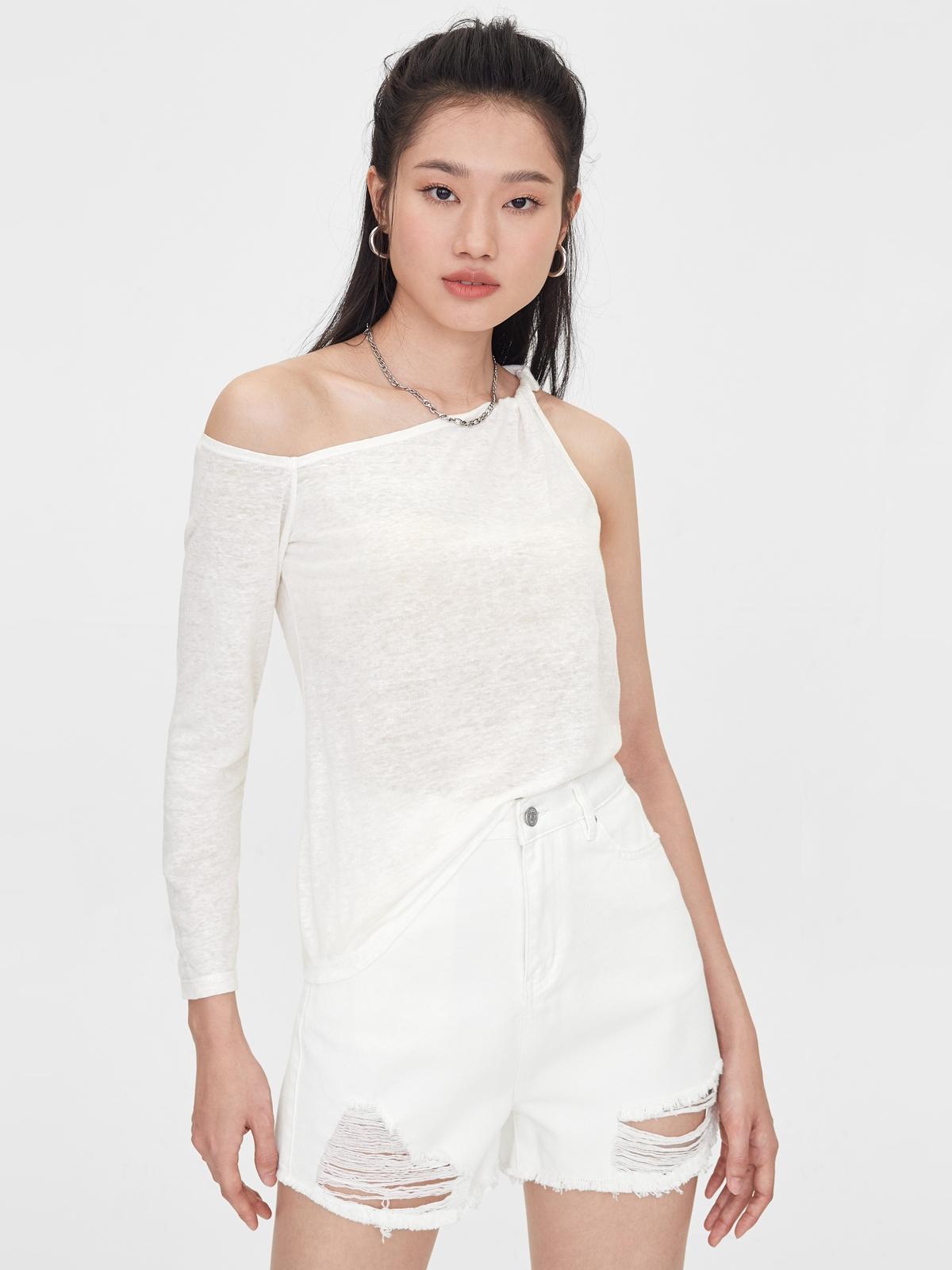 One Side Rolled Up Long Sleeve Top - White