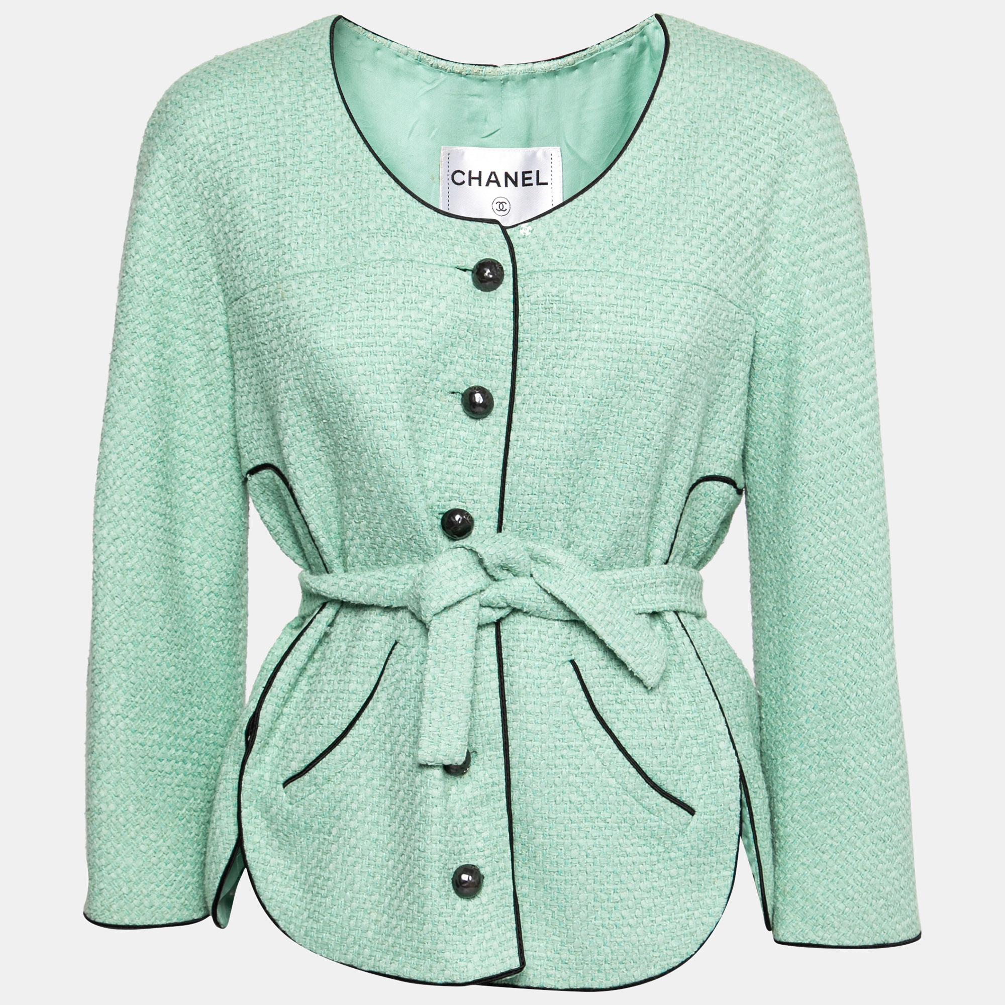 Chanel Mint Green Tweed Single-Breasted Belted Jacket L