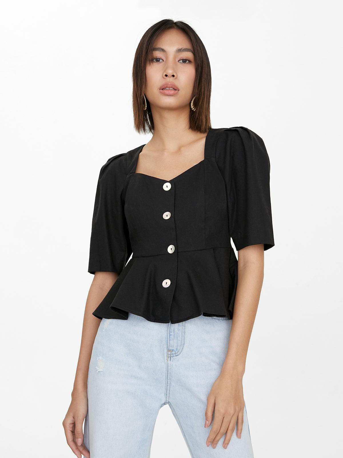 Puffed Sleeve Smock Top - Black