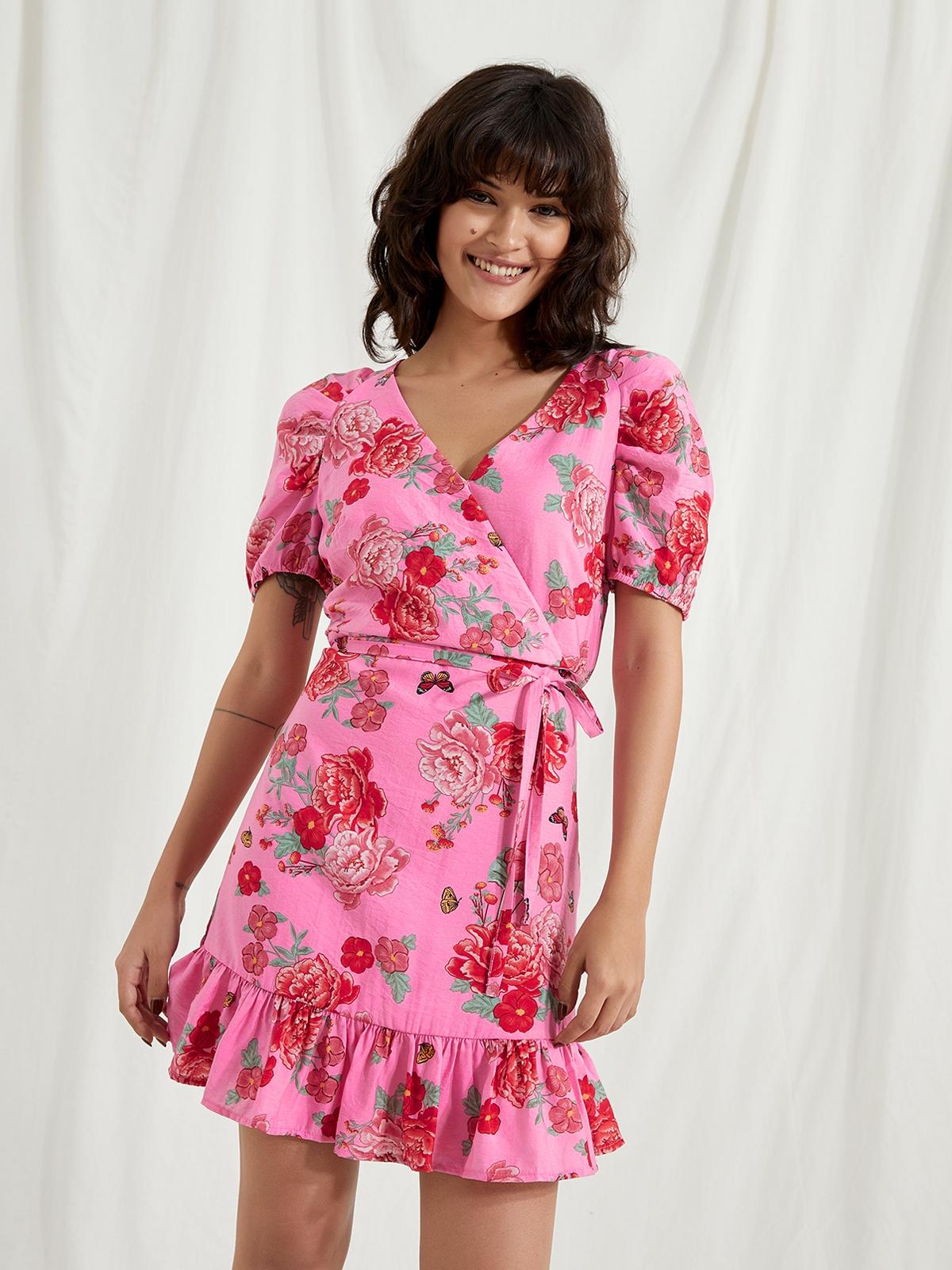 Puffed Sleeve Surplice Mini Dress - Pink