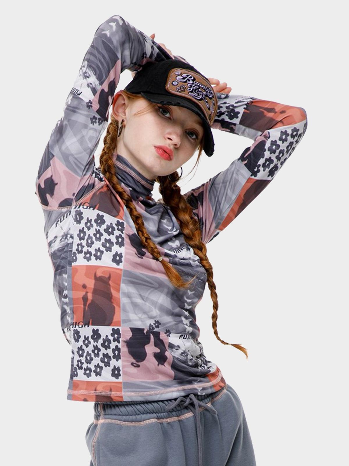 Running High x Archive Printing Mock Neck Slim Top - Pink