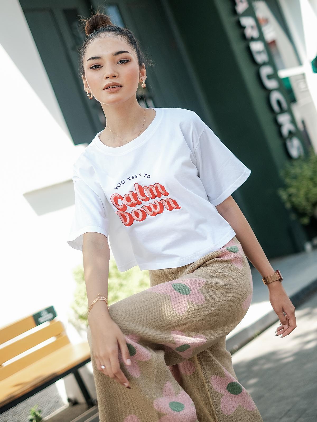 Calm Down Embroidery Tee - White