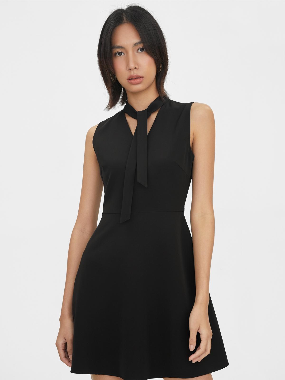 Neck Tie A Line Dress - Black