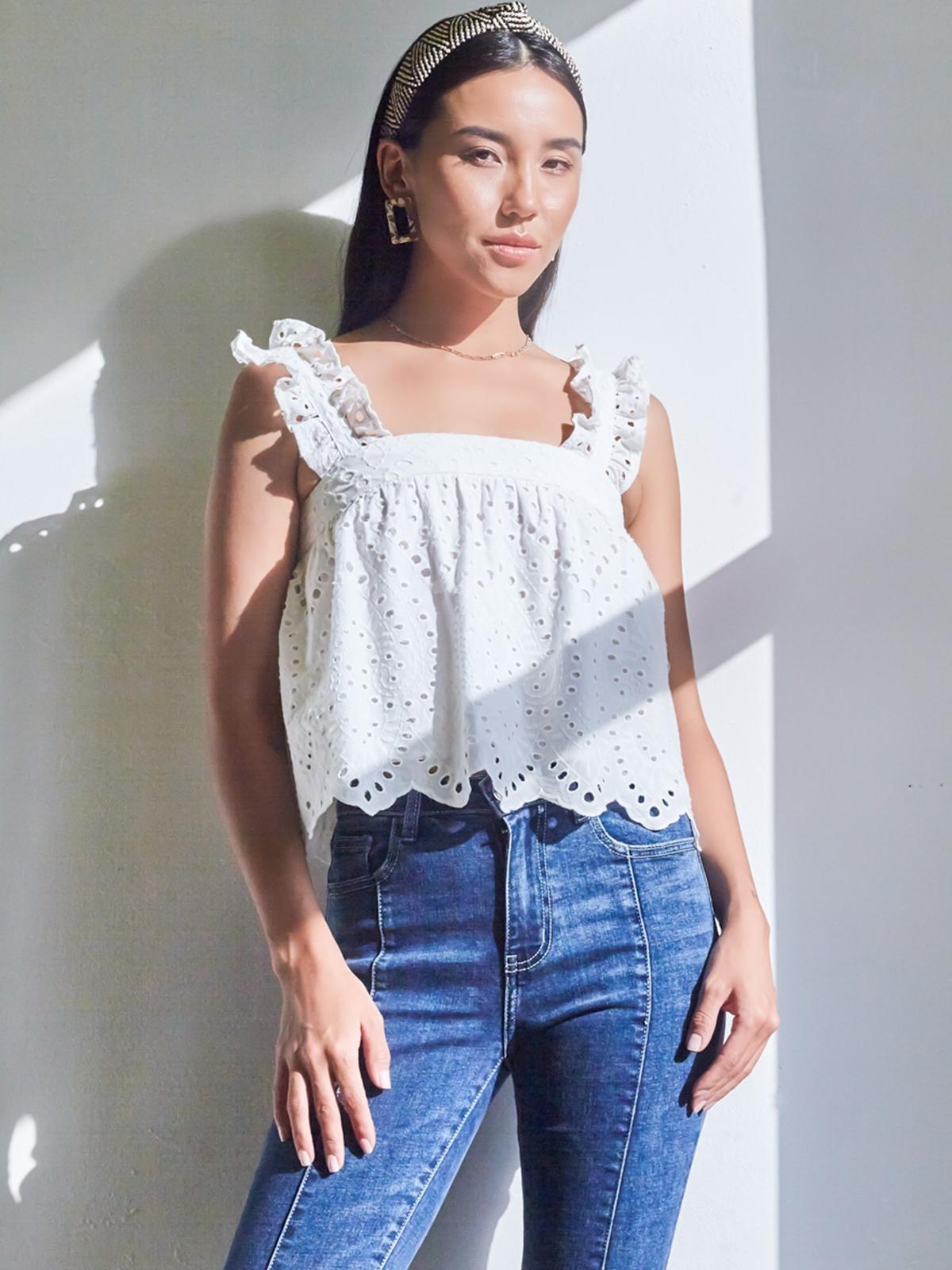 Sleeveles Top With Ruffled Straps - White