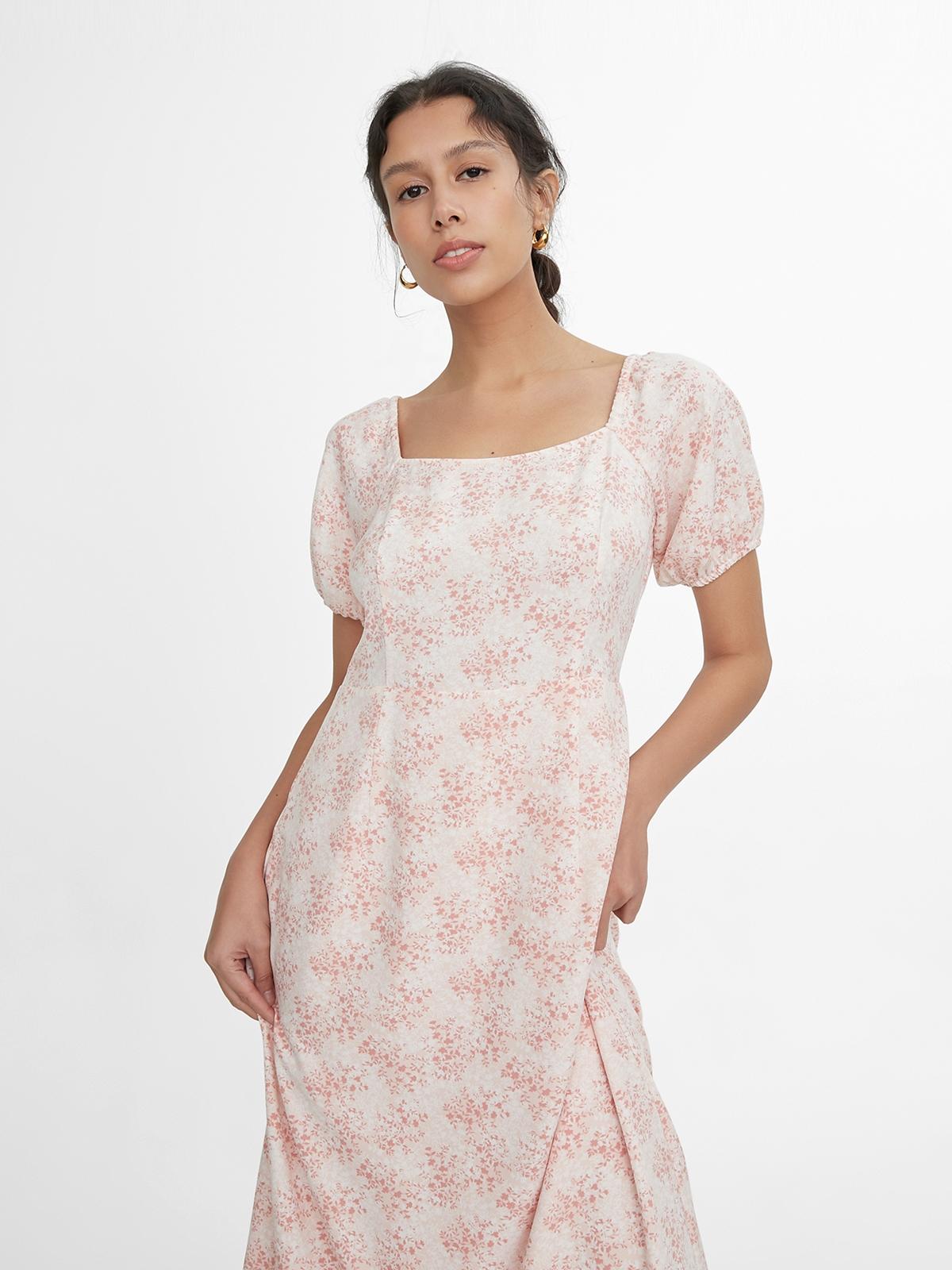 Sustainable Puff Sleeve Square Neck Midi Dress - Pink