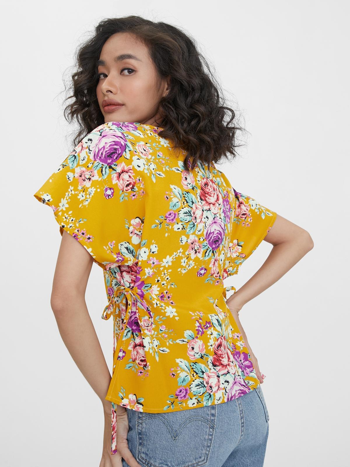 V Neck Floral Loose Blouse - Yellow