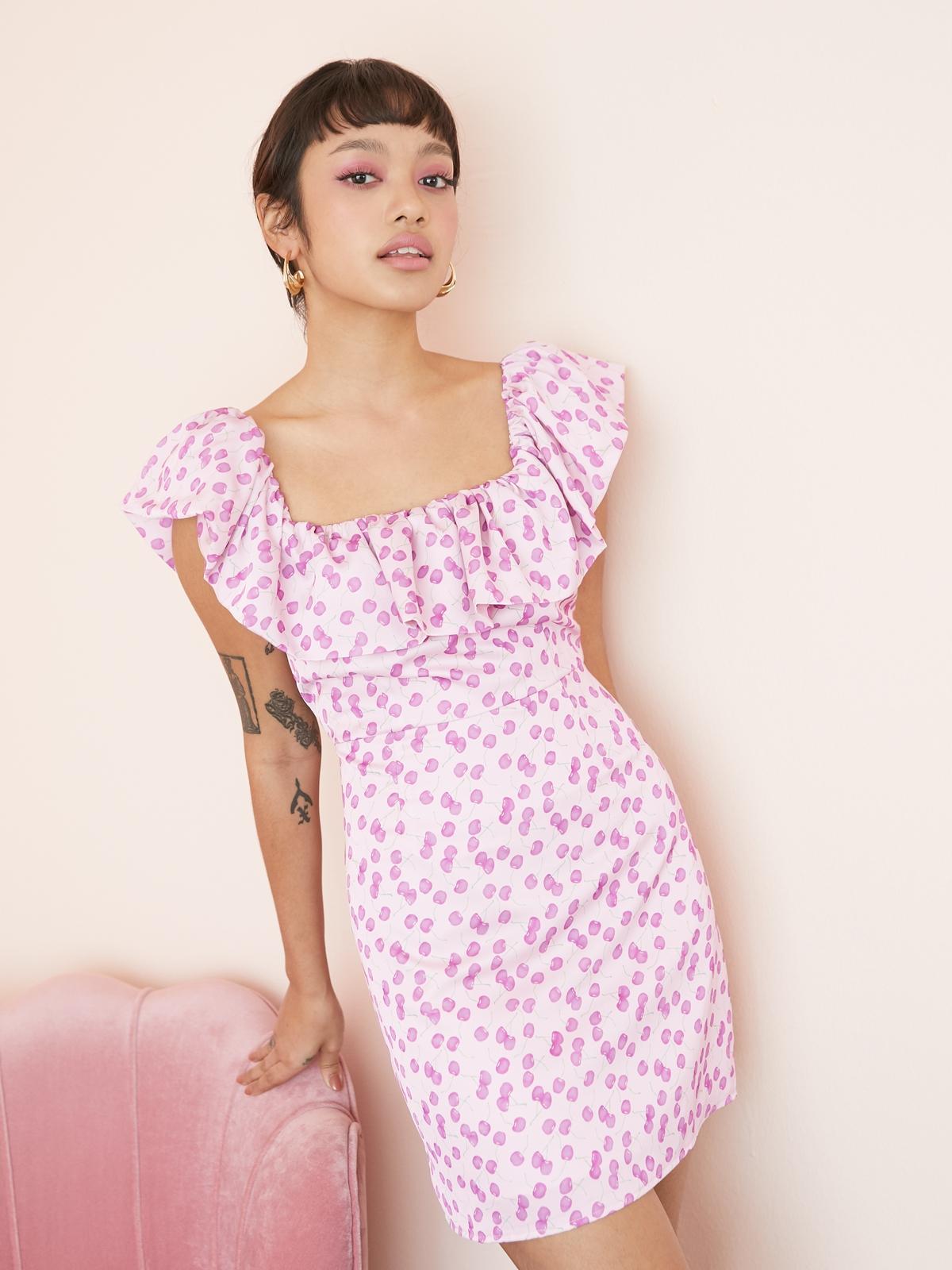 Cherry Print Square Neck Dress - Pink