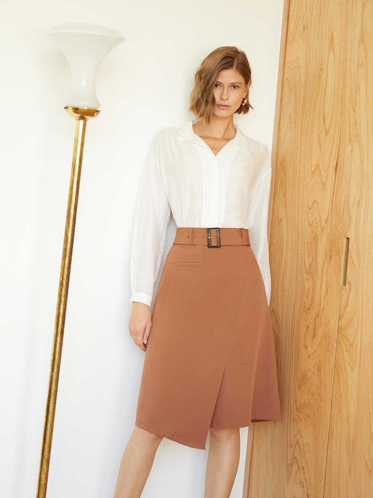Asymmetric Belted Skirt - Orange