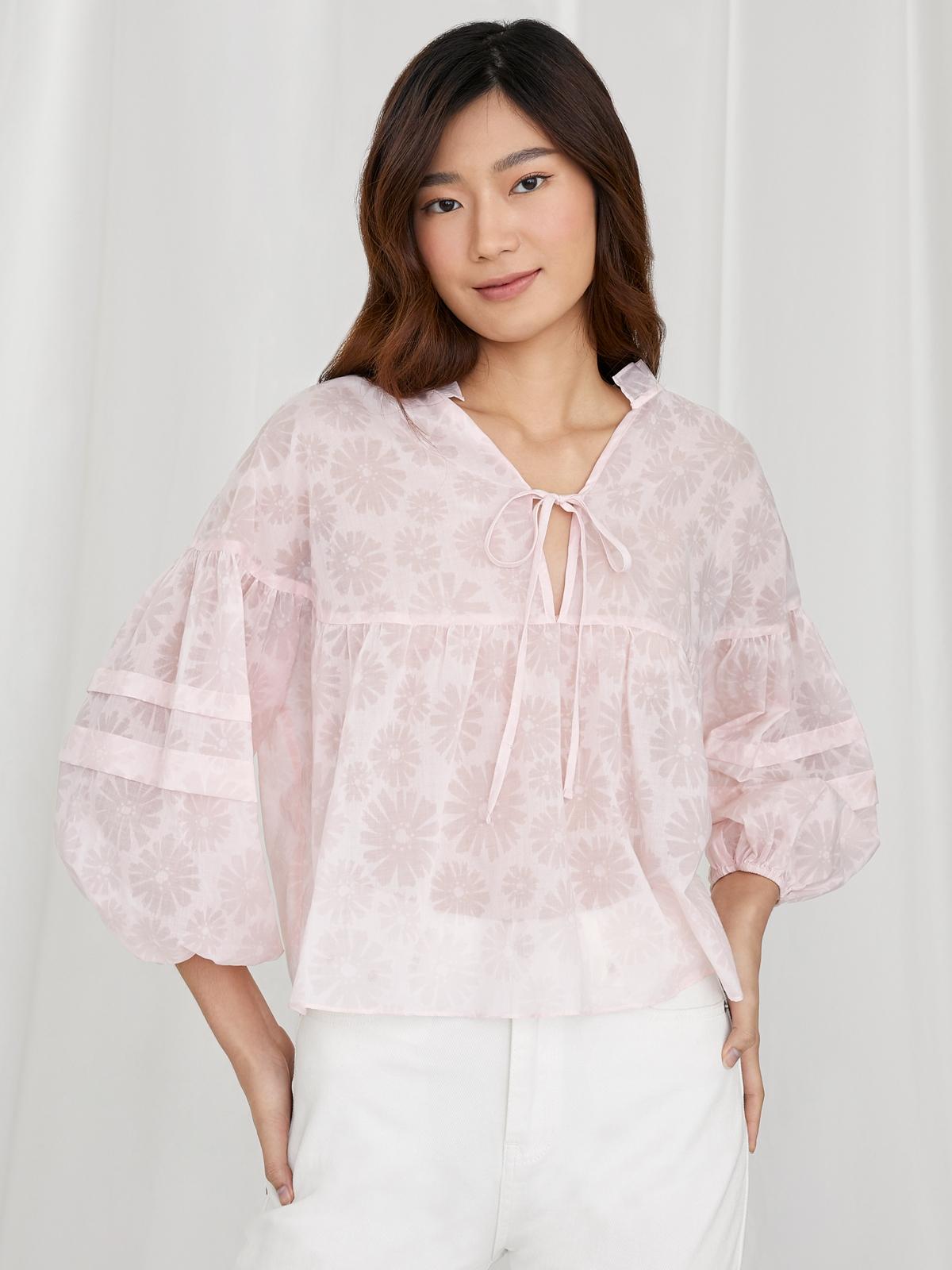 Purpose Sheer Full Sleeves Floral Blouse - Pink