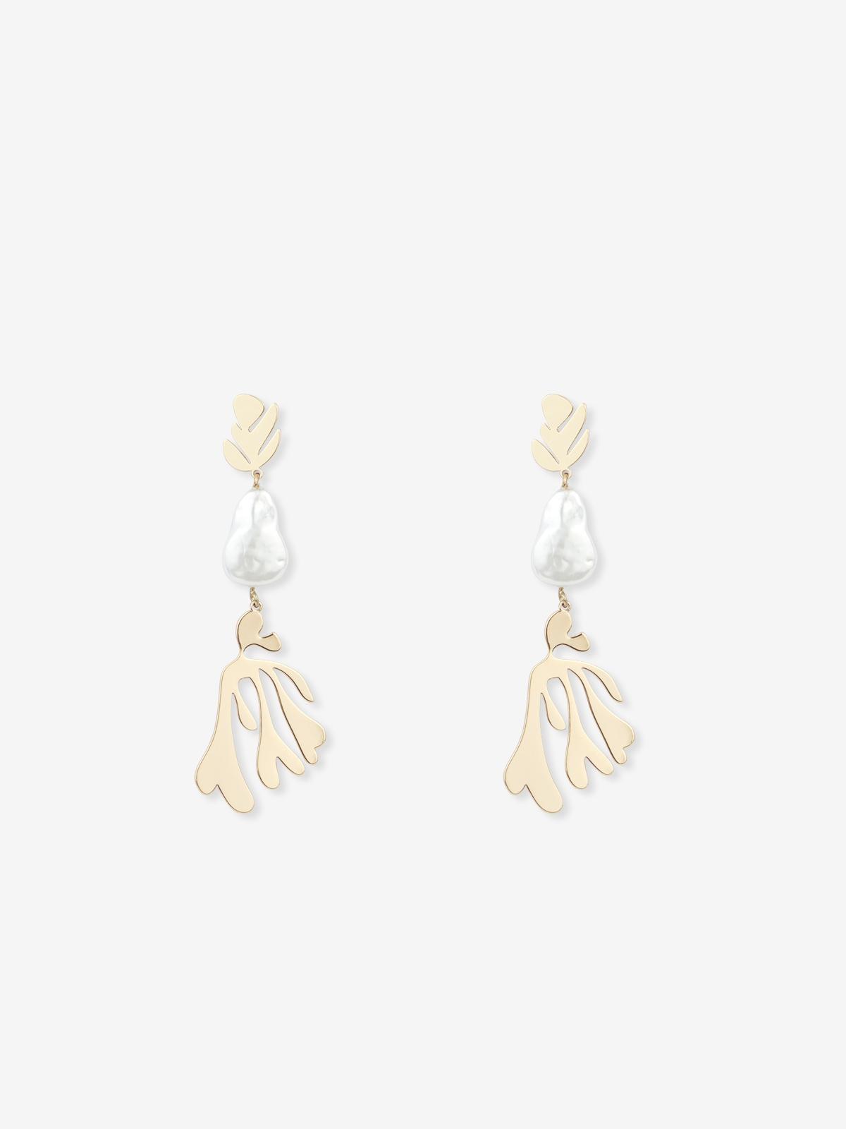 Leaf Pearl Drop Earrings - Gold