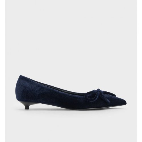  Velvet Bow Pointed-Toe Kitten-Heel Pumps - Dark Blue 