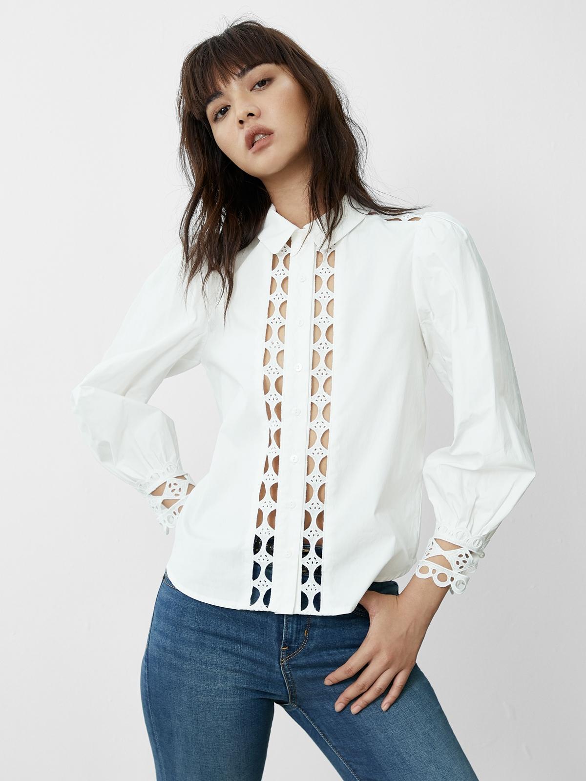 Eyelet Cut Out Puff Sleeve Shirt - White