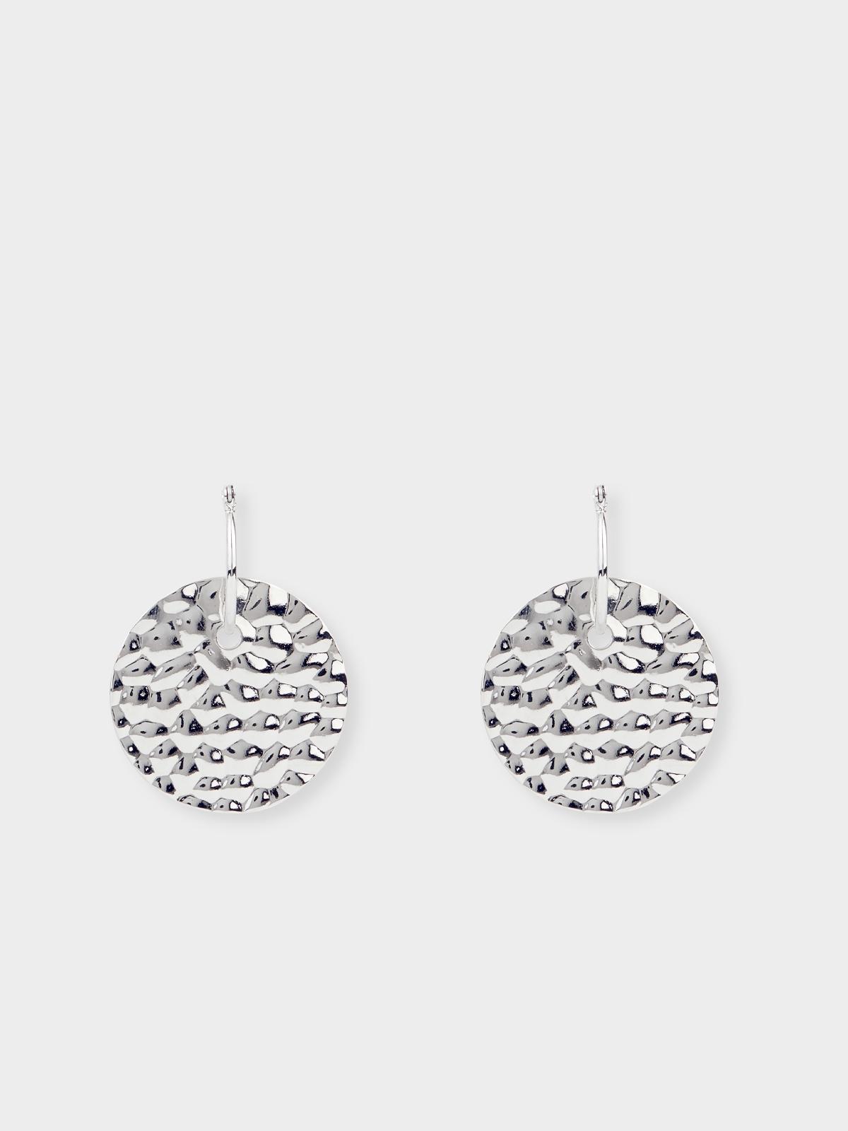 Textured Abstract Plate Hoop Earrings - Silver