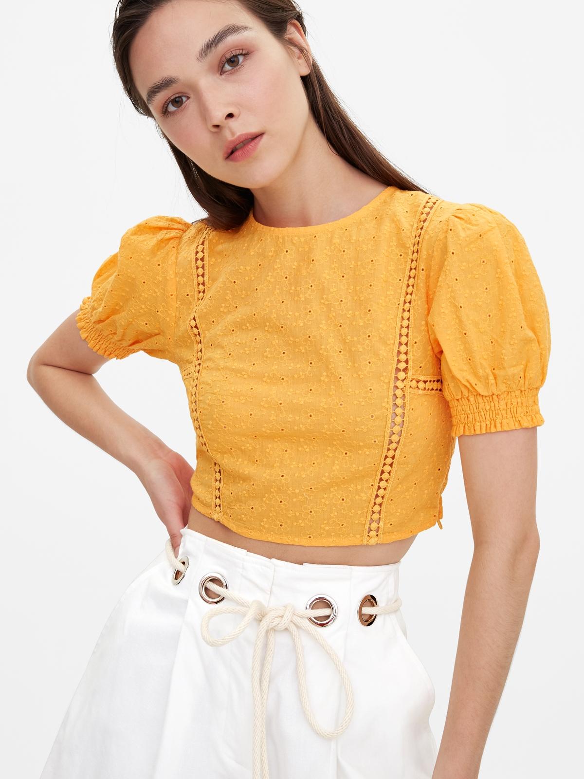 Eyelet Puff Sleeve Crop Blouse - Orange