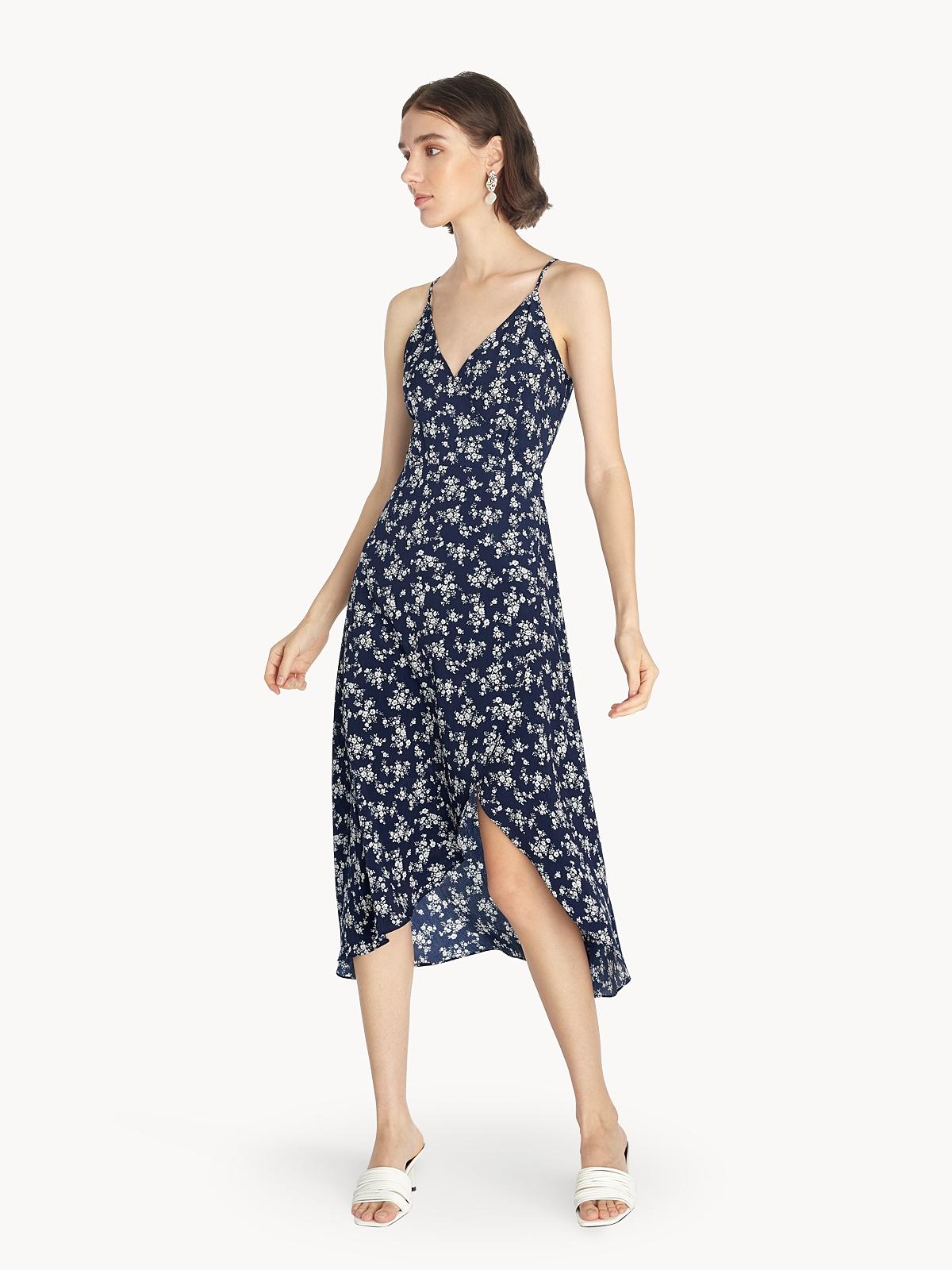 Maxi Floral Surplice Dress - Navy