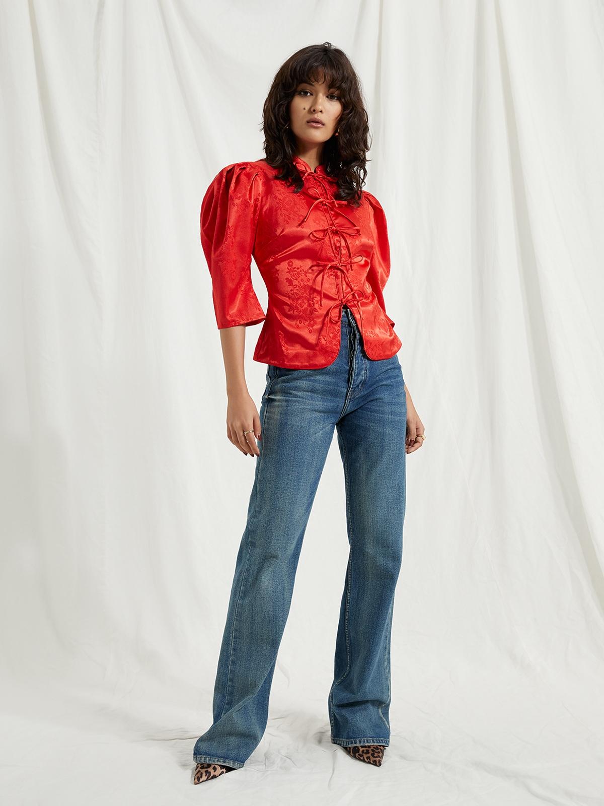 Puff Sleeve High Neck Top - Red