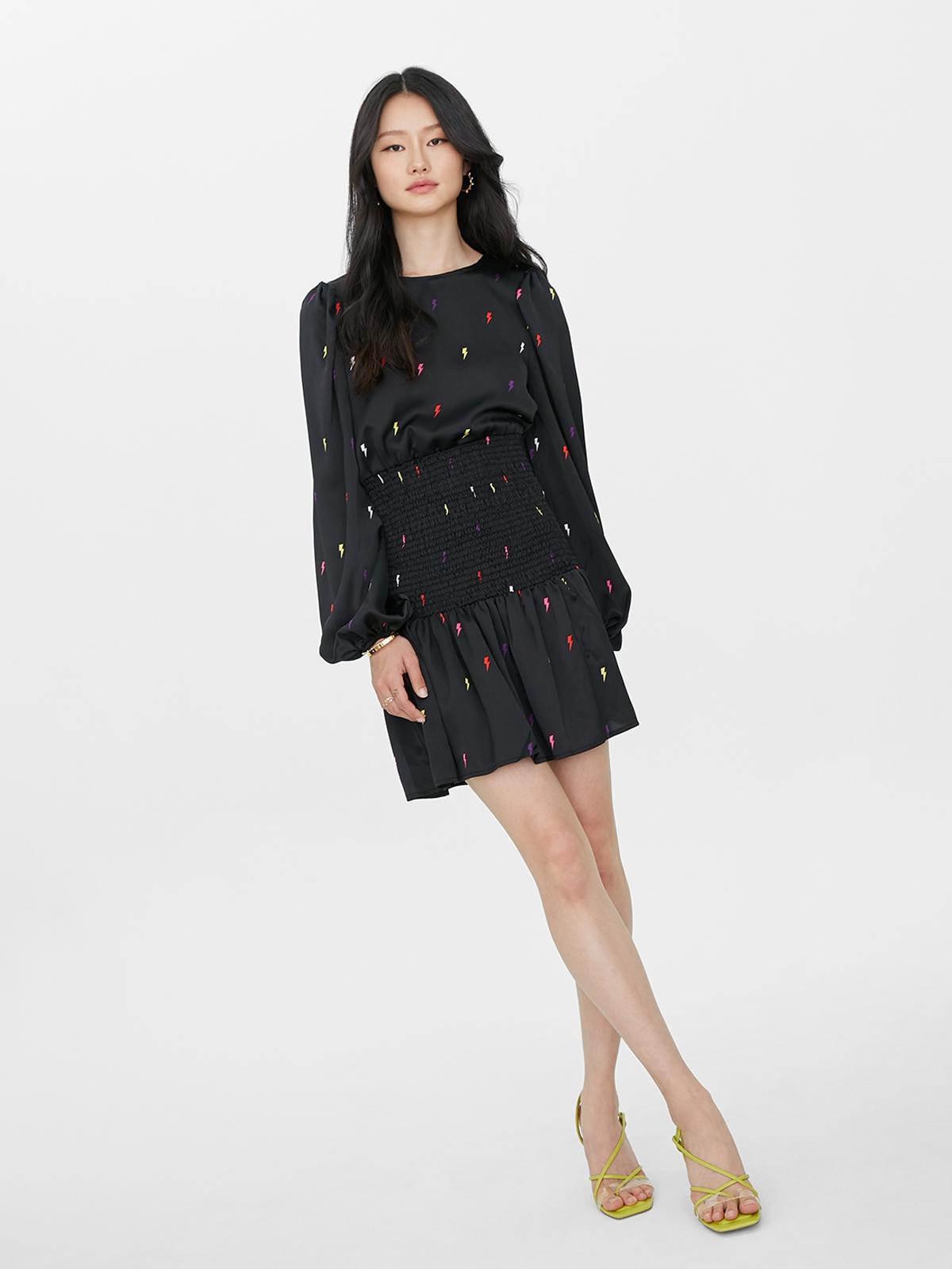 Black Lightning Bolt Shirred Waist Mini Dress - Black