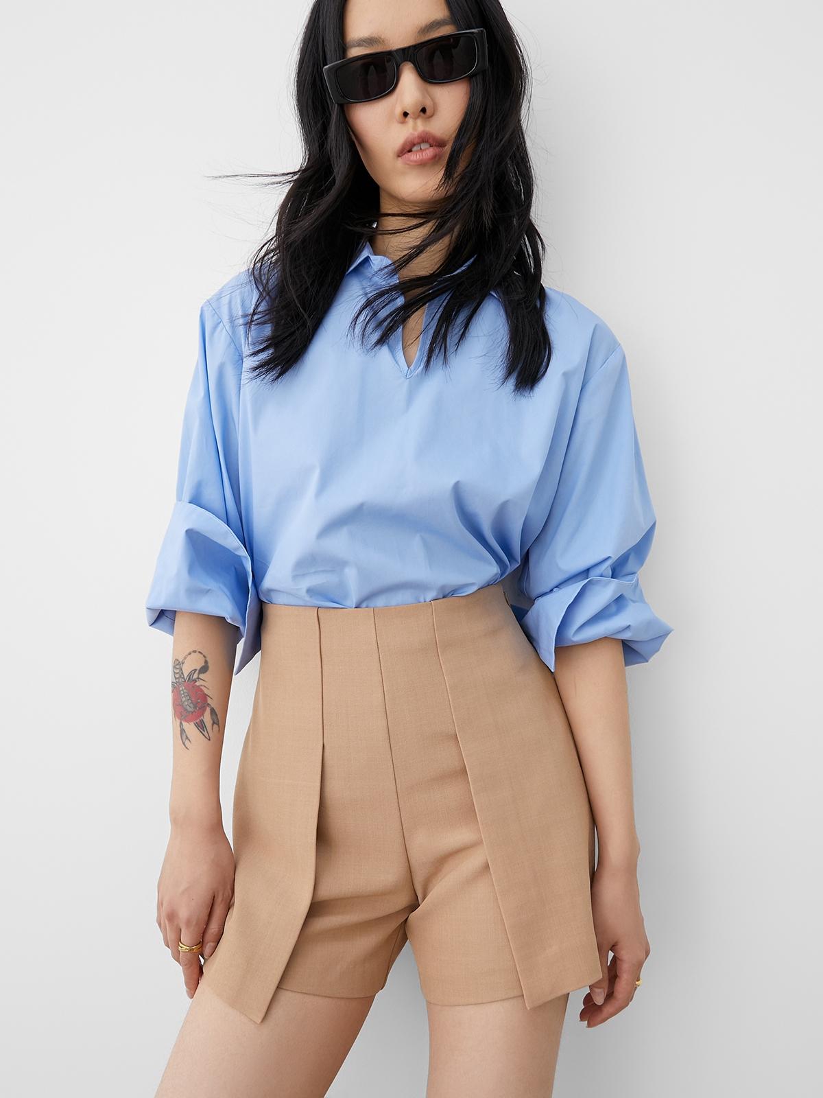 Layered High Waisted Shorts - Beige