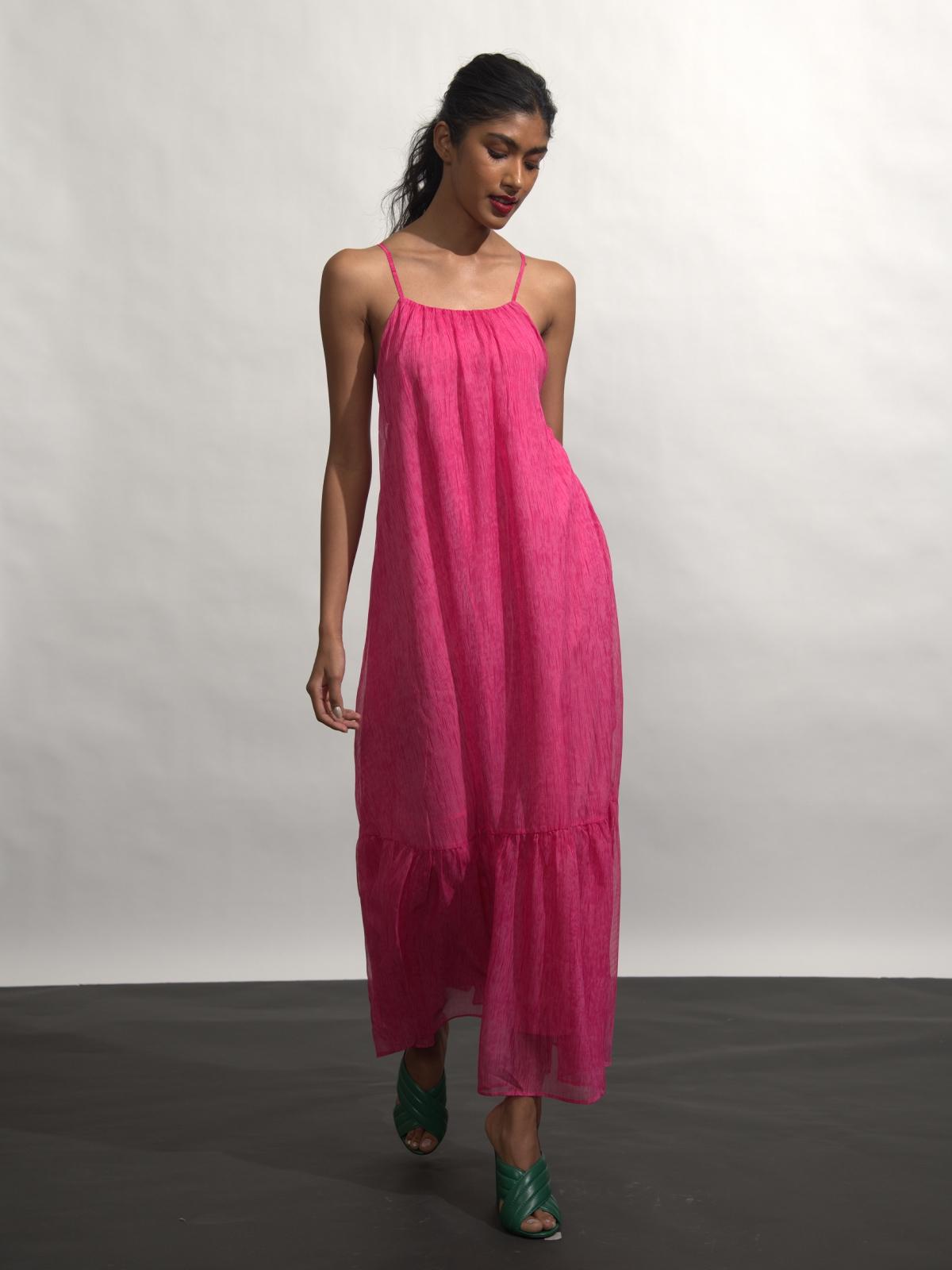Textured Pink Chiffon Maxi Dress - Pink