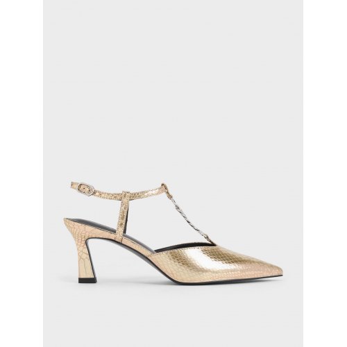  Metallic Snake-Effect T-Bar Chain-Link Pointed-Toe Pumps - Animal Print Gold 