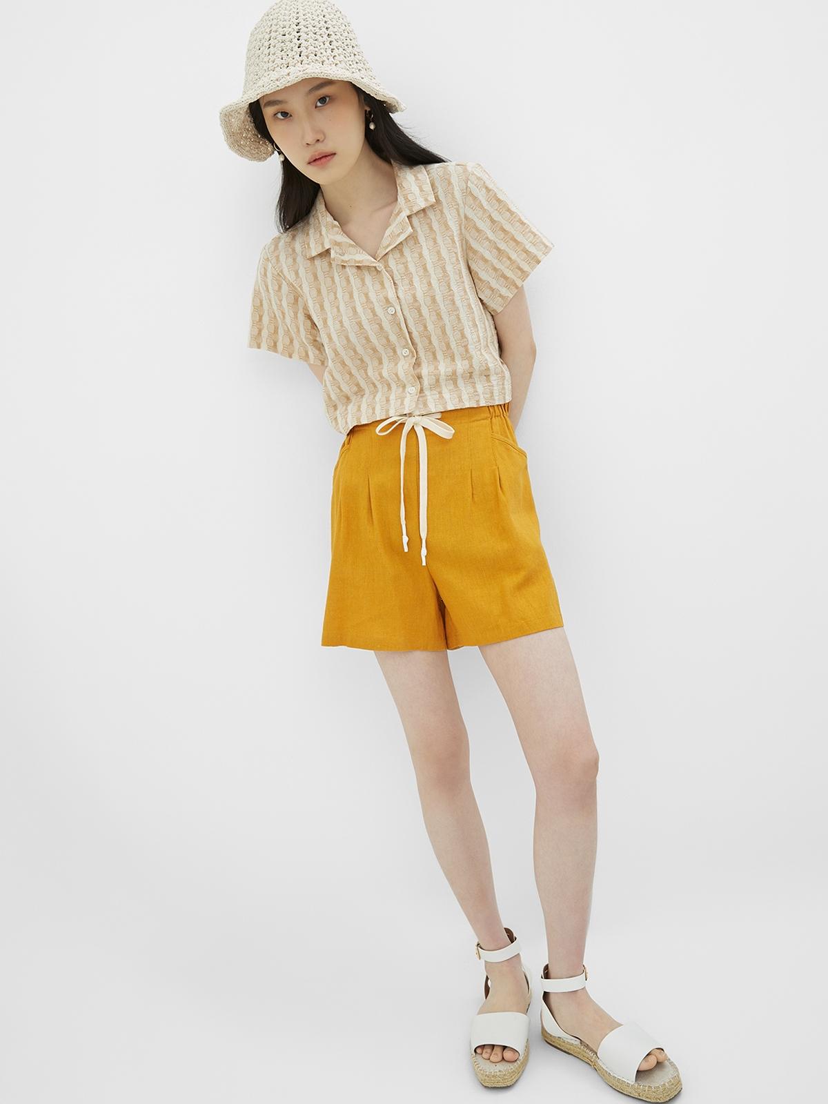 Smocked Back Bow Tie Shorts - Mustard