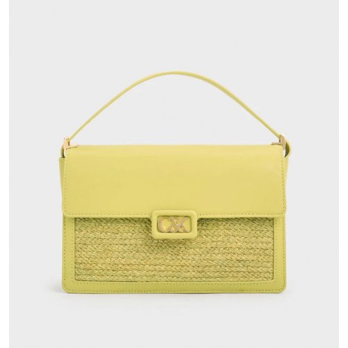  Leather & Raffia Shoulder Bag - Lime 