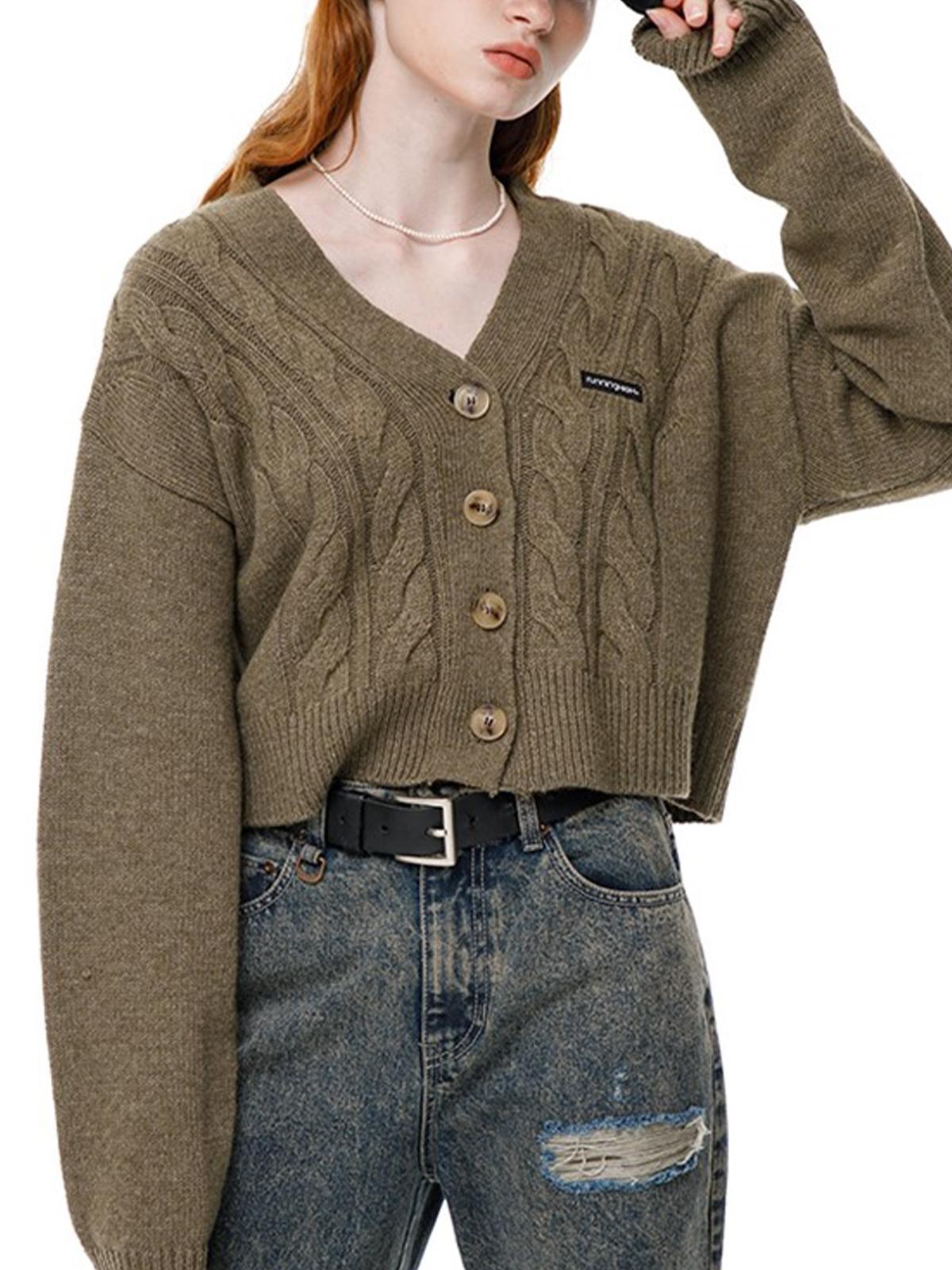 Running High X Lamb'S Wool Cable Crop Cardigan - Khaki