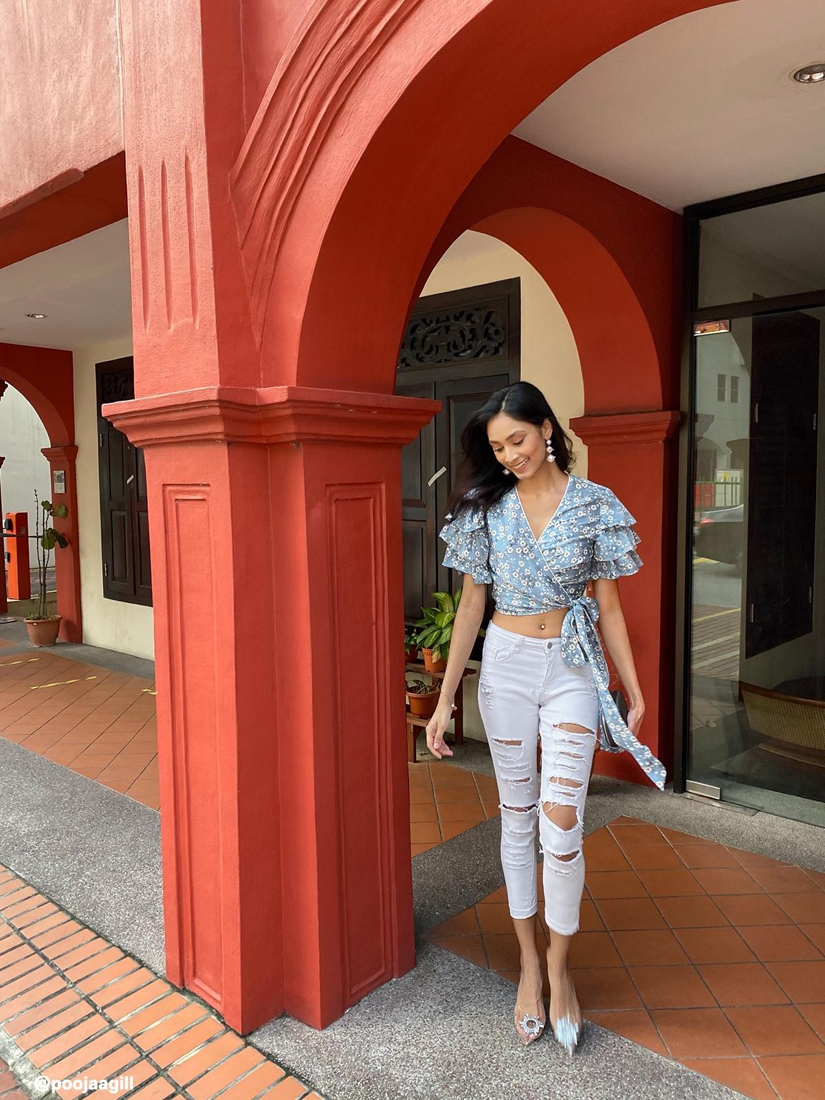 Ruffled Sleeve Floral Wrap Blouse - Blue